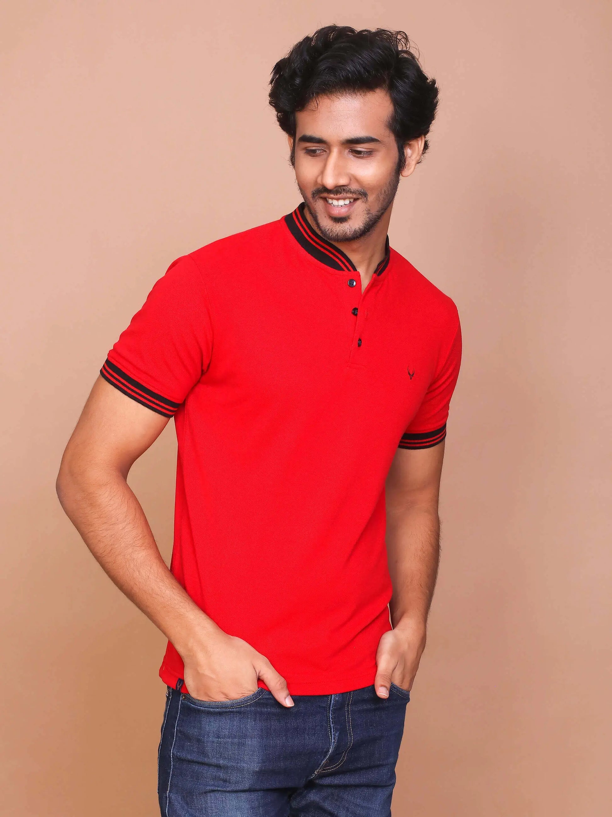 BUY-RAVINIK-MEN-SOLID-RED-BAND-COLLAR-COTTON-SLIM-FIT-POLO-T-SHIRT