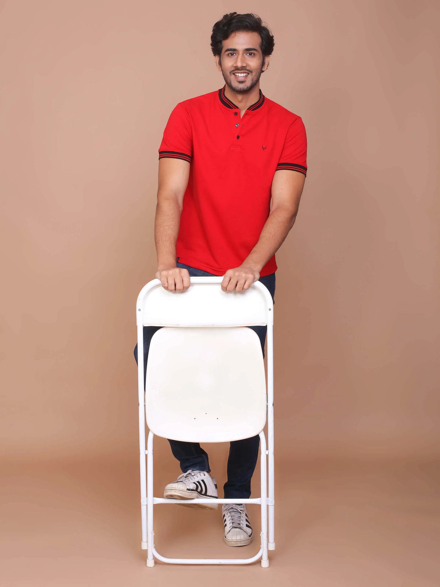 BUY-RAVINIK-MEN-SOLID-RED-BAND-COLLAR-COTTON-SLIM-FIT-POLO-T-SHIRT