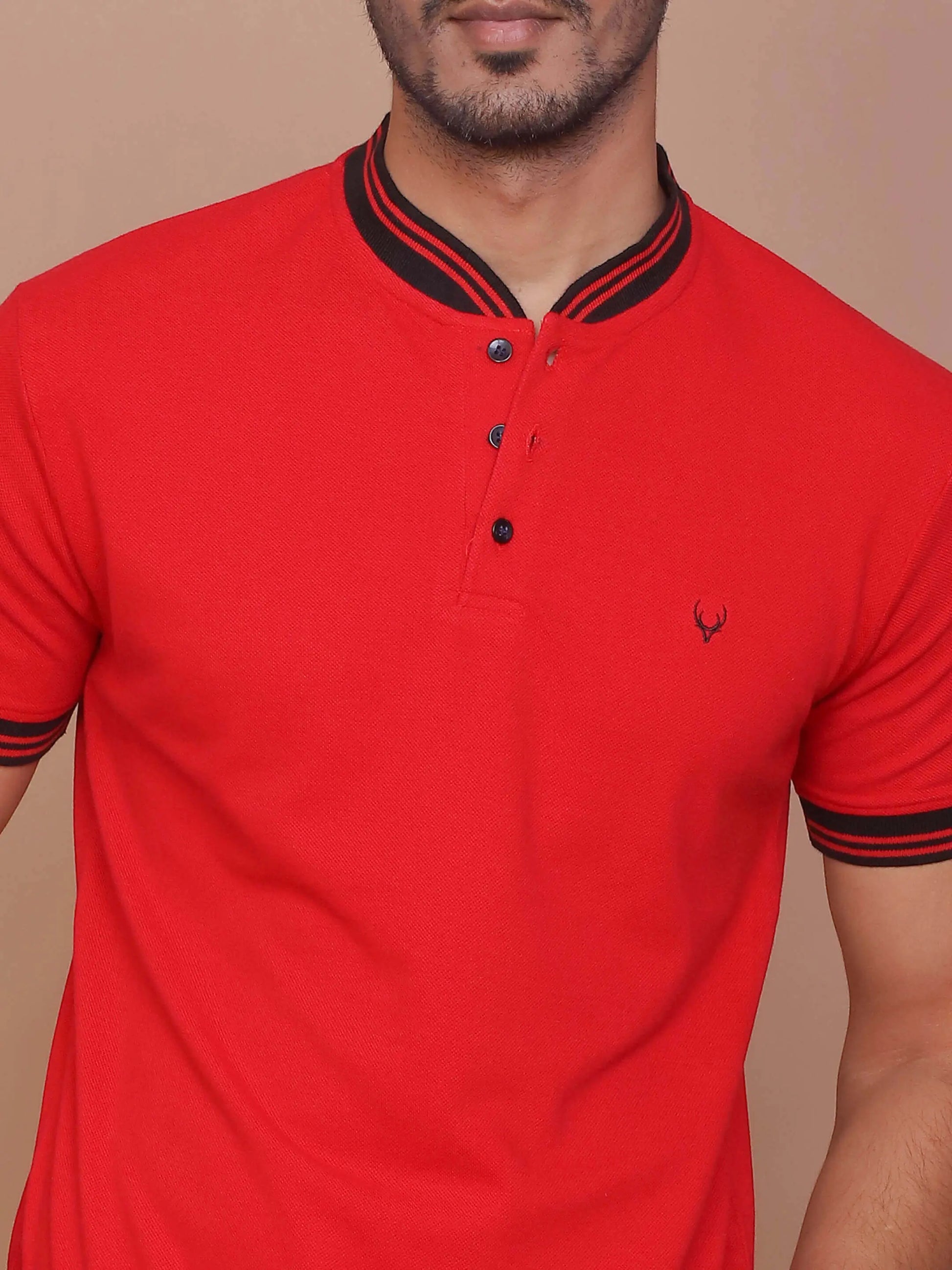 BUY-RAVINIK-MEN-SOLID-RED-BAND-COLLAR-COTTON-SLIM-FIT-POLO-T-SHIRT