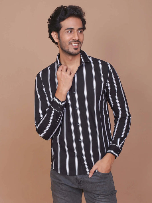 Buy-Ravinik-Men-Barcode-Slim-Fit-Stripe-Classic-Collar-Cotton-Black-Shirt-Online-India