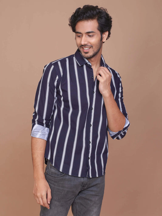 Buy-Ravinik-Men-Barcode-Slim-Fit-Stripe-Classic-Collar-Cotton-Blue-Shirt-Online-India