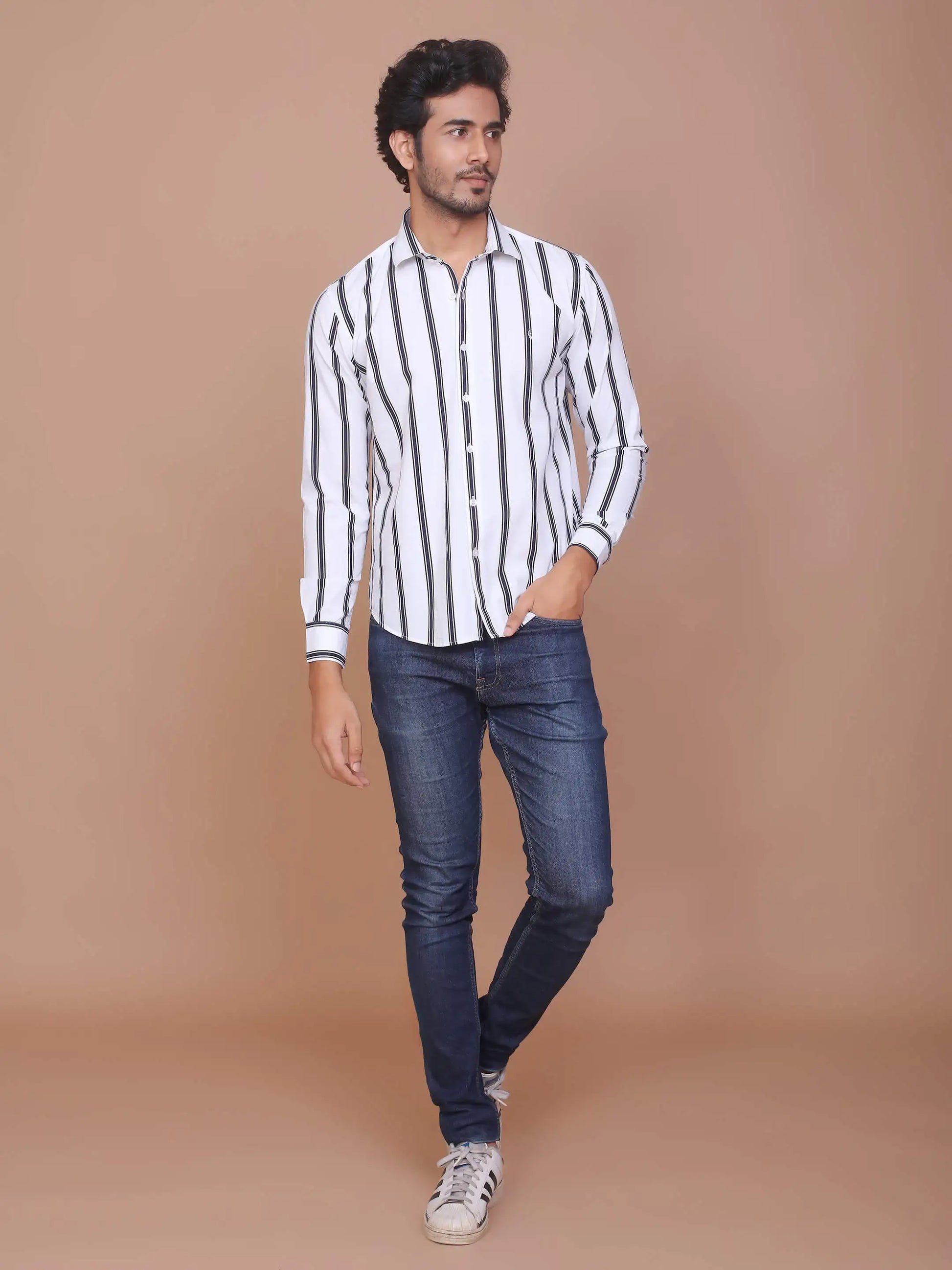 Buy-Ravinik-Men-Barcode-Stripe-Classic-Collar-Cotton-White-Shirt