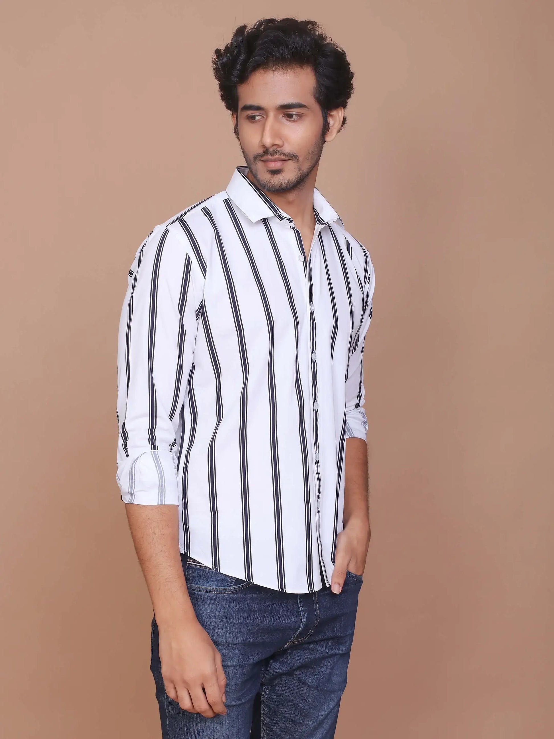 Buy-Ravinik-Men-Barcode-Stripe-Classic-Collar-Cotton-White-Shirt