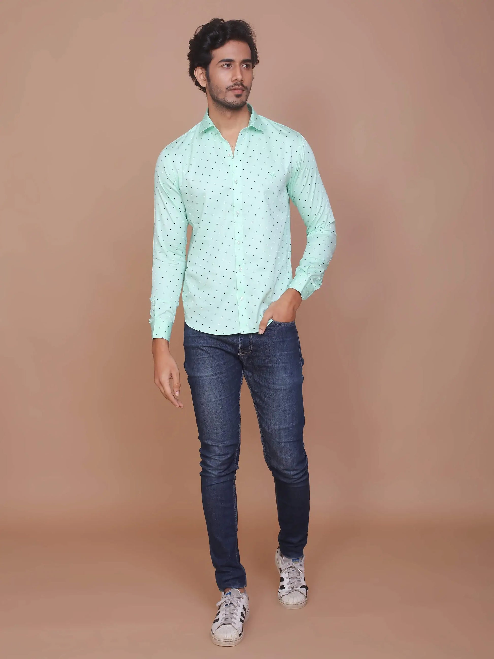 Buy-Ravinik-Men-Casual-Smart-Print-Classic-Collar-Cotton-Slim-Fit-Green-Shirt