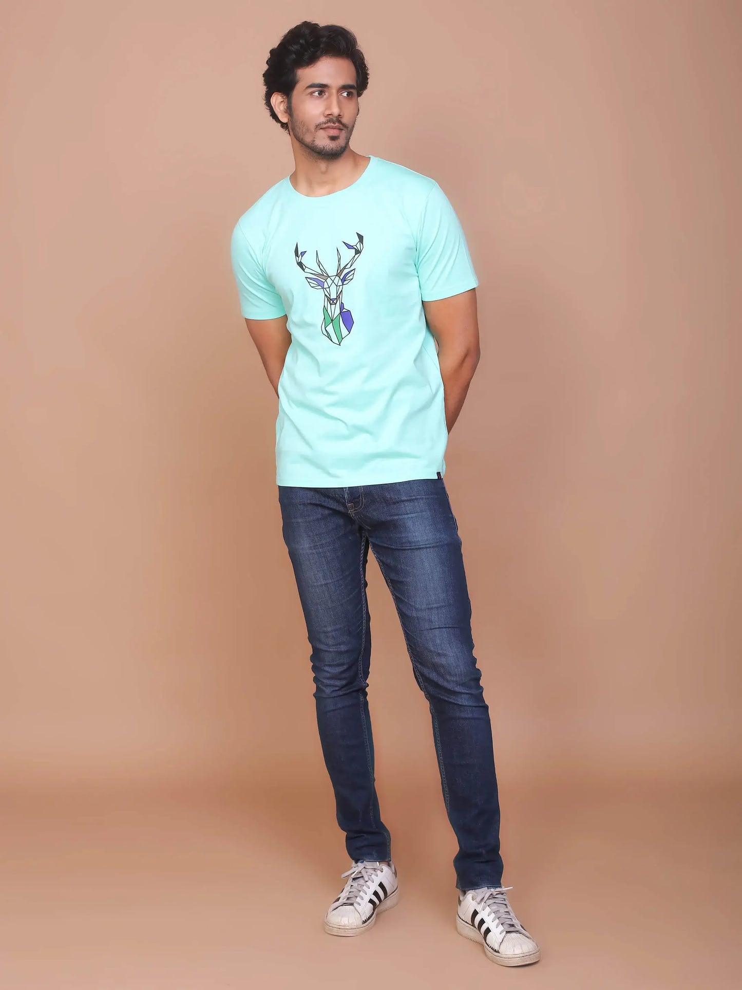 Buy-Ravinik-Men-Deer-Printed-Turquoise-Green-Round-Neck-T-shirt