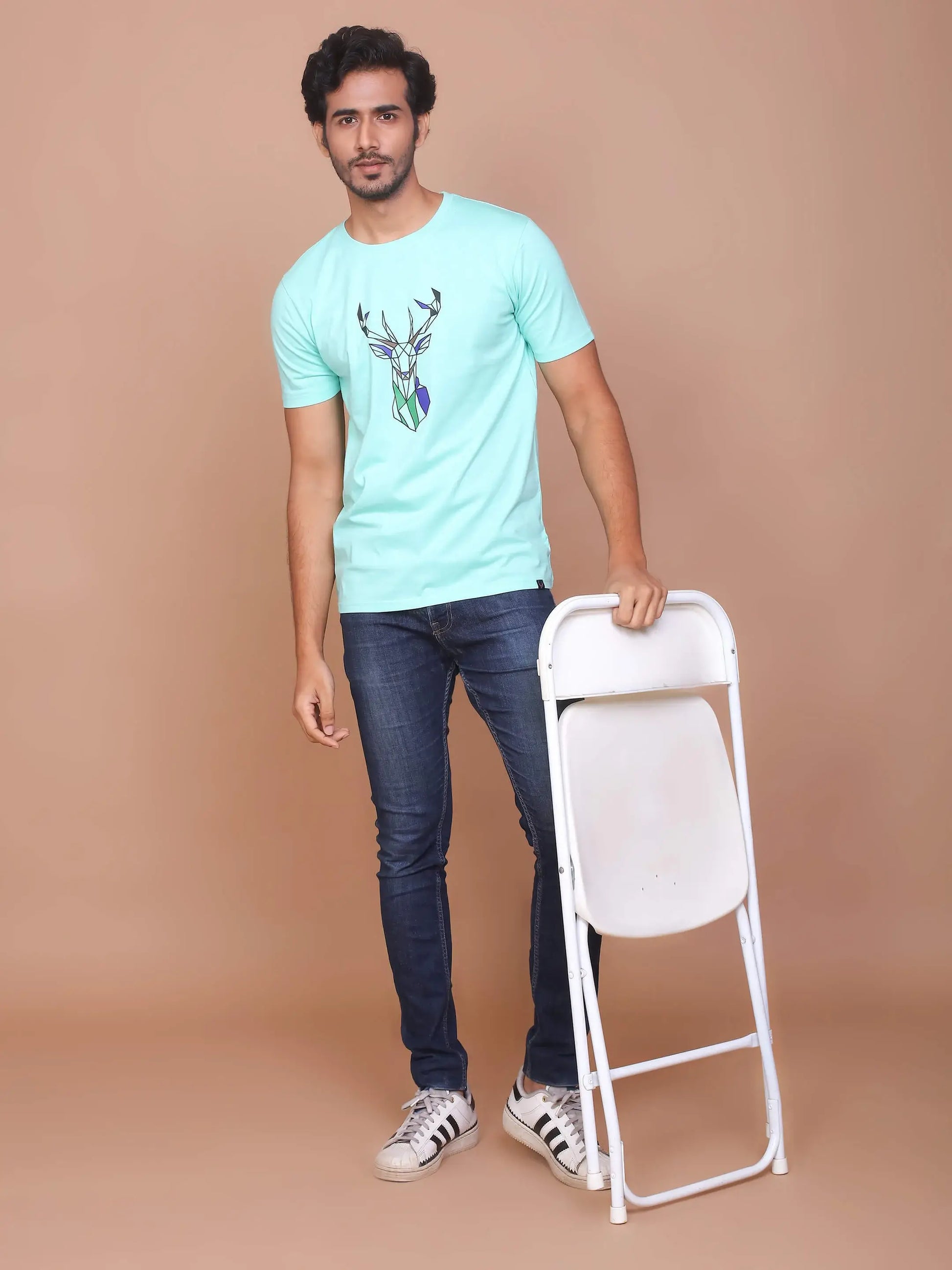 Buy-Ravinik-Men-Deer-Printed-Turquoise-Green-Round-Neck-T-shirt