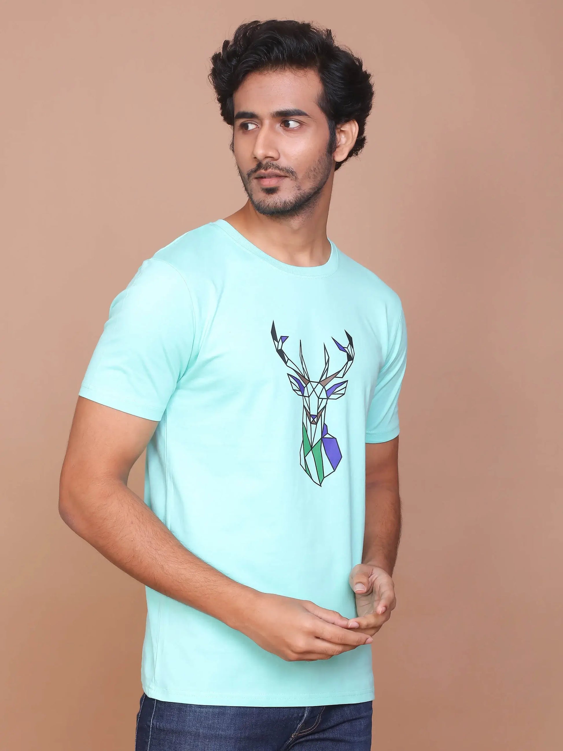 Buy-Ravinik-Men-Deer-Printed-Turquoise-Green-Round-Neck-T-shirt