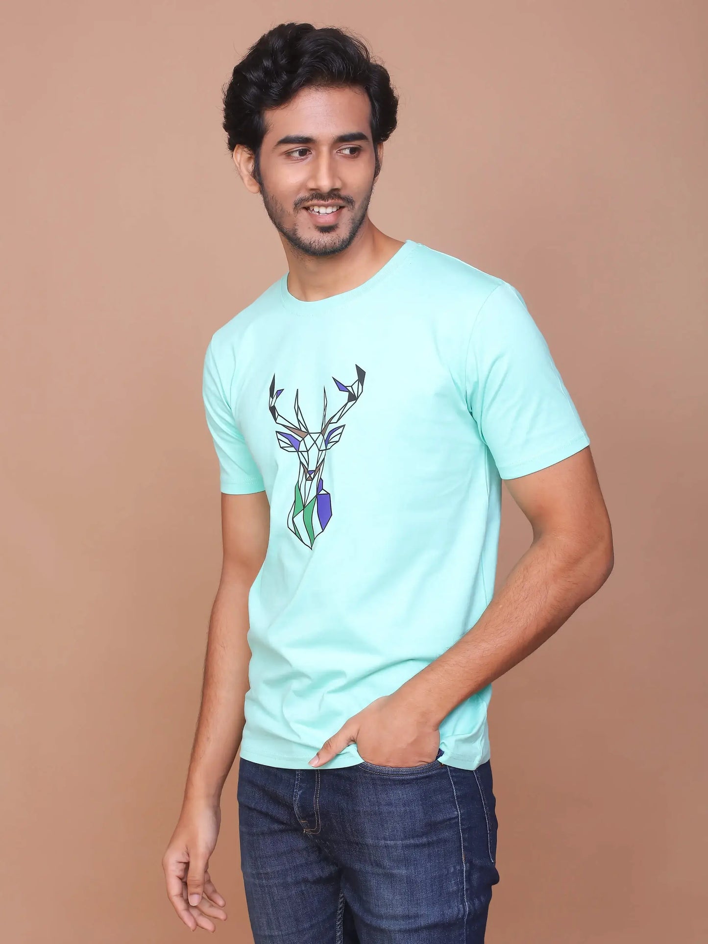 Buy-Ravinik-Men-Deer-Printed-Turquoise-Green-Round-Neck-T-shirt