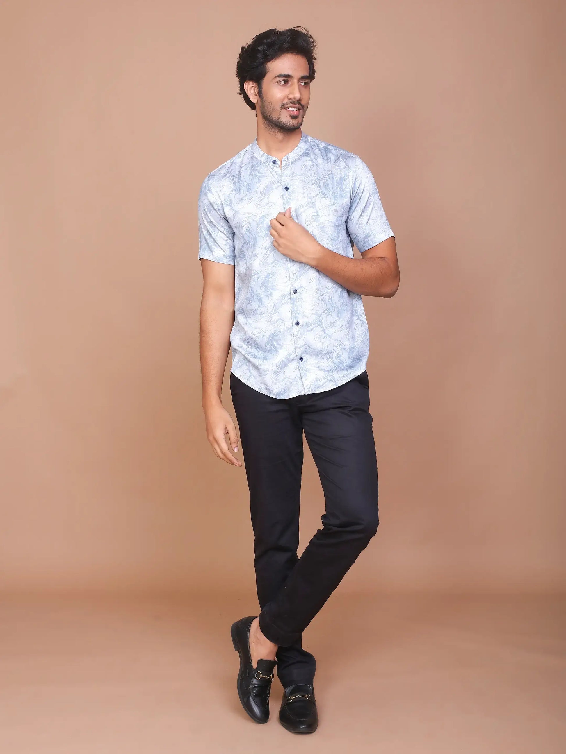 Buy-Ravinik-Men-Denim-Feel-Band-Collar-Printed-Cotton-Grey-Shirt