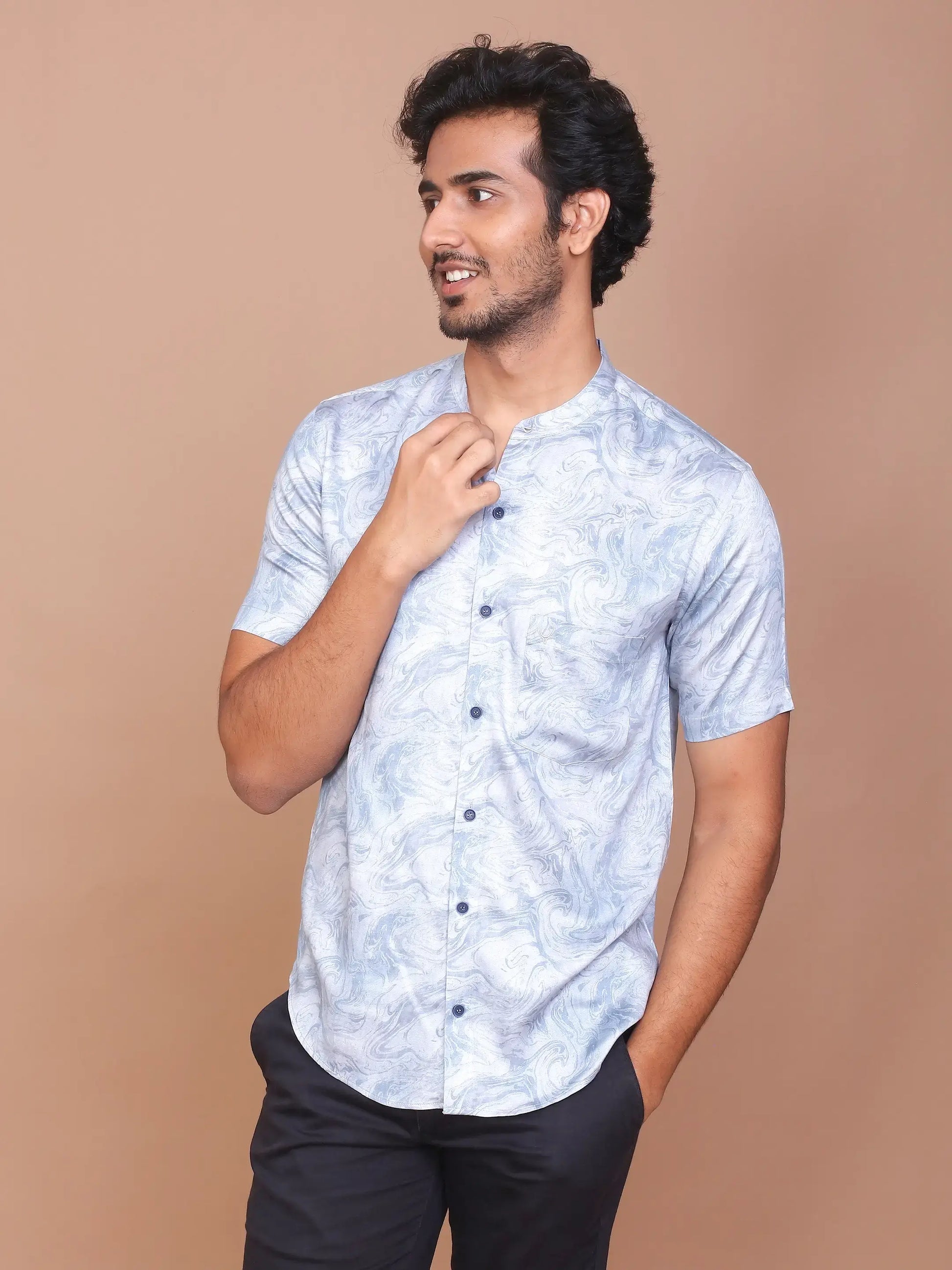 Buy-Ravinik-Men-Denim-Feel-Band-Collar-Printed-Cotton-Grey-Shirt