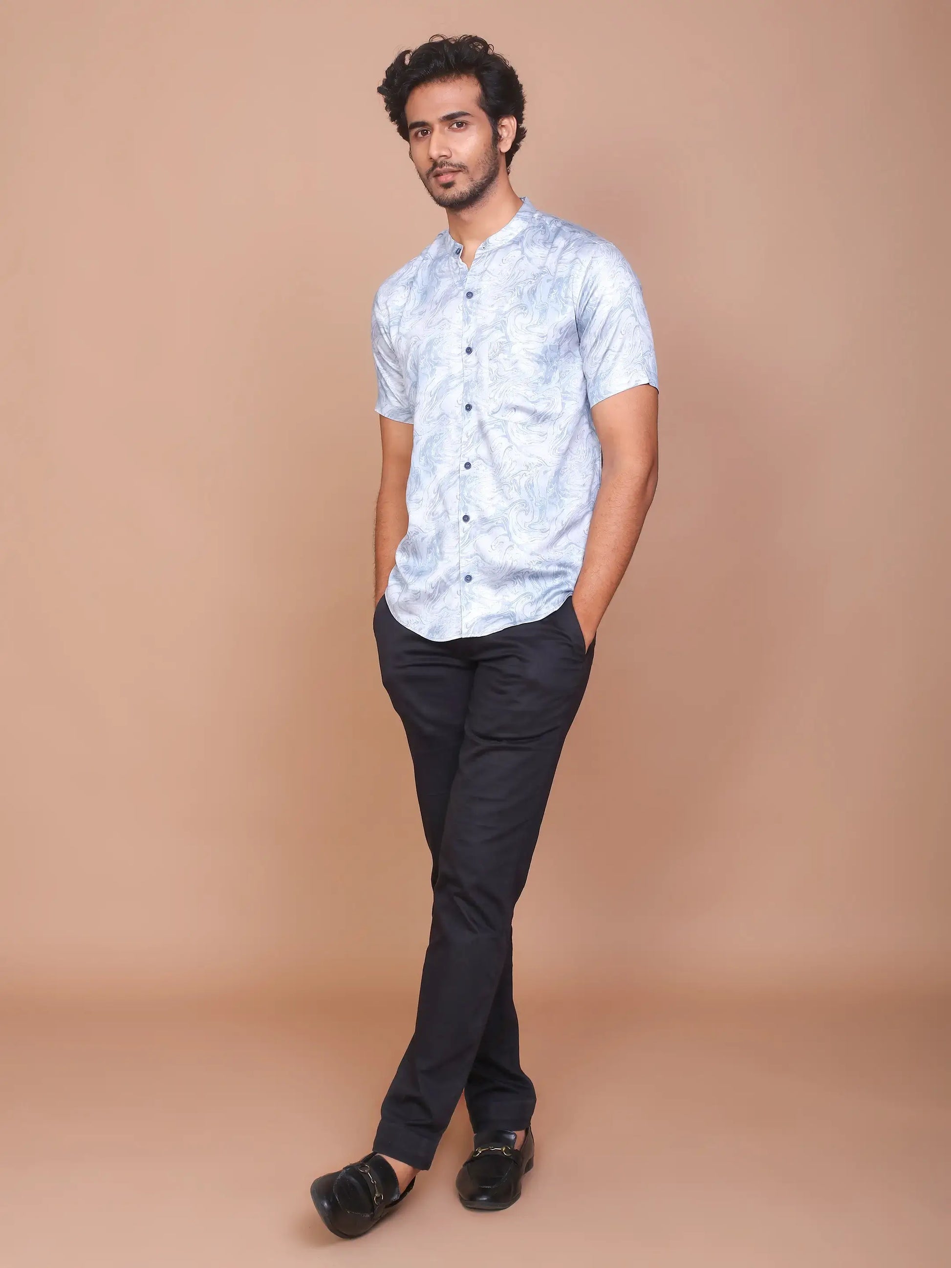 Buy-Ravinik-Men-Denim-Feel-Band-Collar-Printed-Cotton-Grey-Shirt