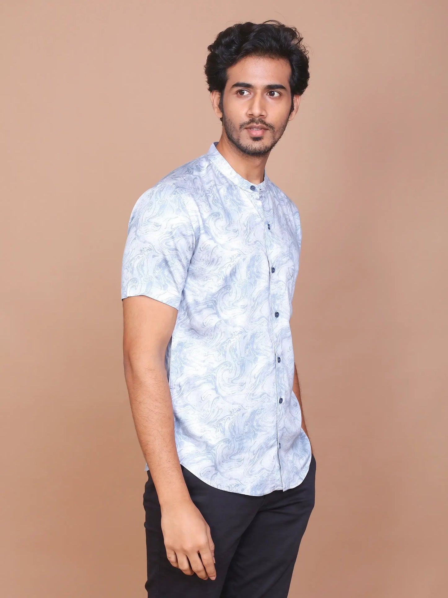 Buy-Ravinik-Men-Denim-Feel-Band-Collar-Printed-Cotton-Grey-Shirt