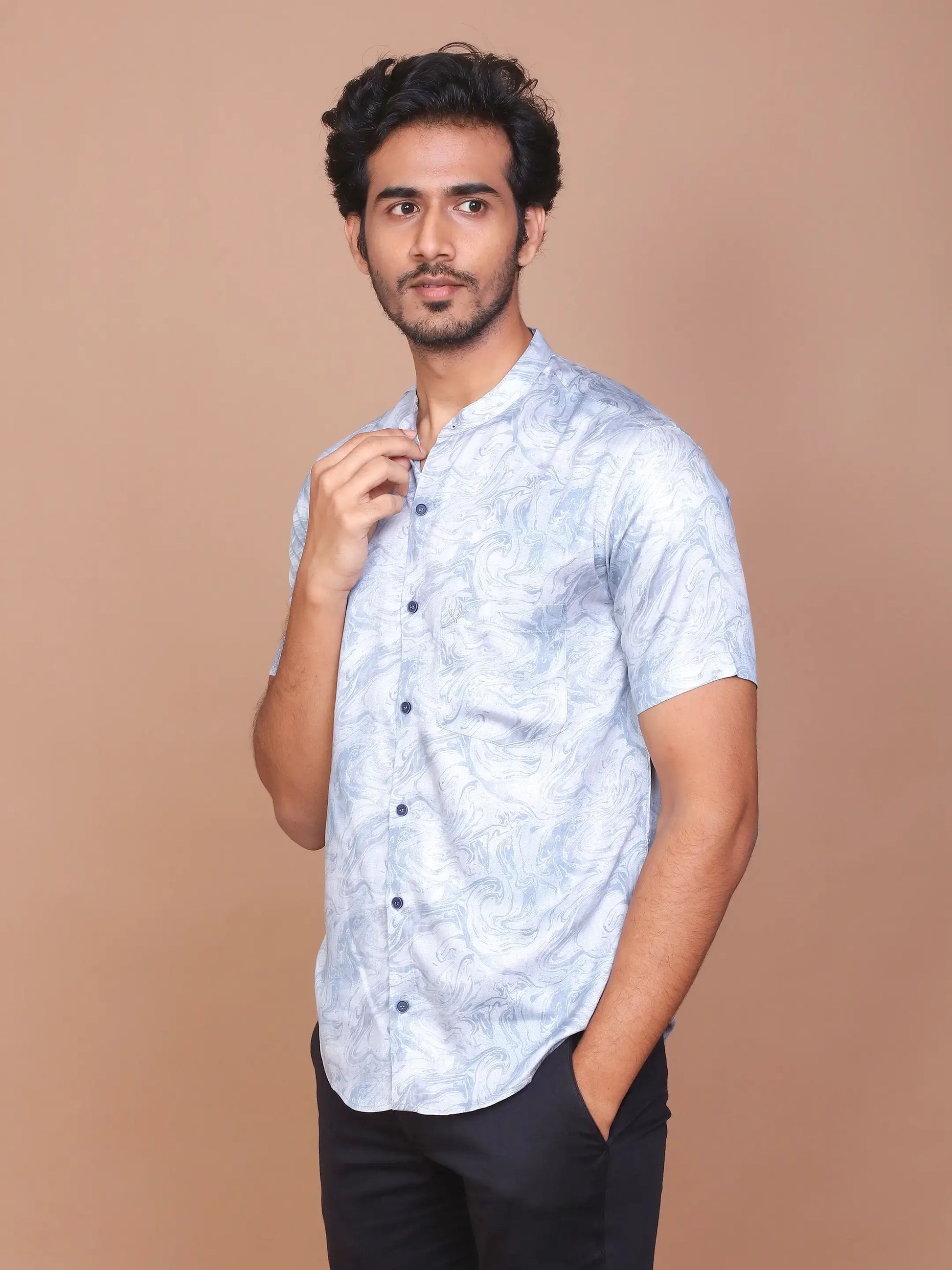 Buy-Ravinik-Men-Denim-Feel-Band-Collar-Printed-Cotton-Grey-Shirt