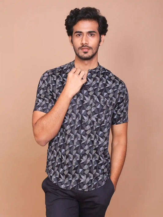 Buy-Ravinik-Men-Geomatric-Trigon-Band-Collar-Printed-Black-Cotton-Half-Sleeve-Shirt