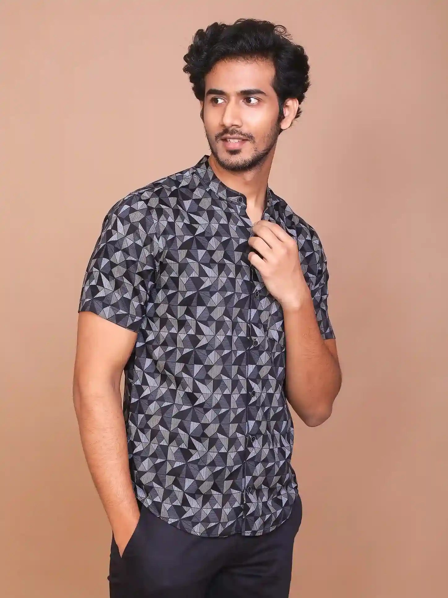 Buy-Ravinik-Men-Geomatric-Trigon-Band-Collar-Printed-Black-Cotton-Half-Sleeve-Shirt