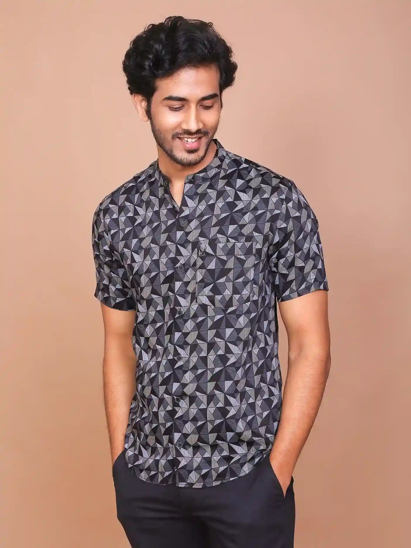 Buy-Ravinik-Men-Geomatric-Trigon-Band-Collar-Printed-Black-Cotton-Half-Sleeve-Shirt