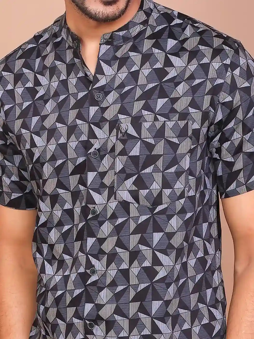 Buy-Ravinik-Men-Geomatric-Trigon-Band-Collar-Printed-Black-Cotton-Half-Sleeve-Shirt