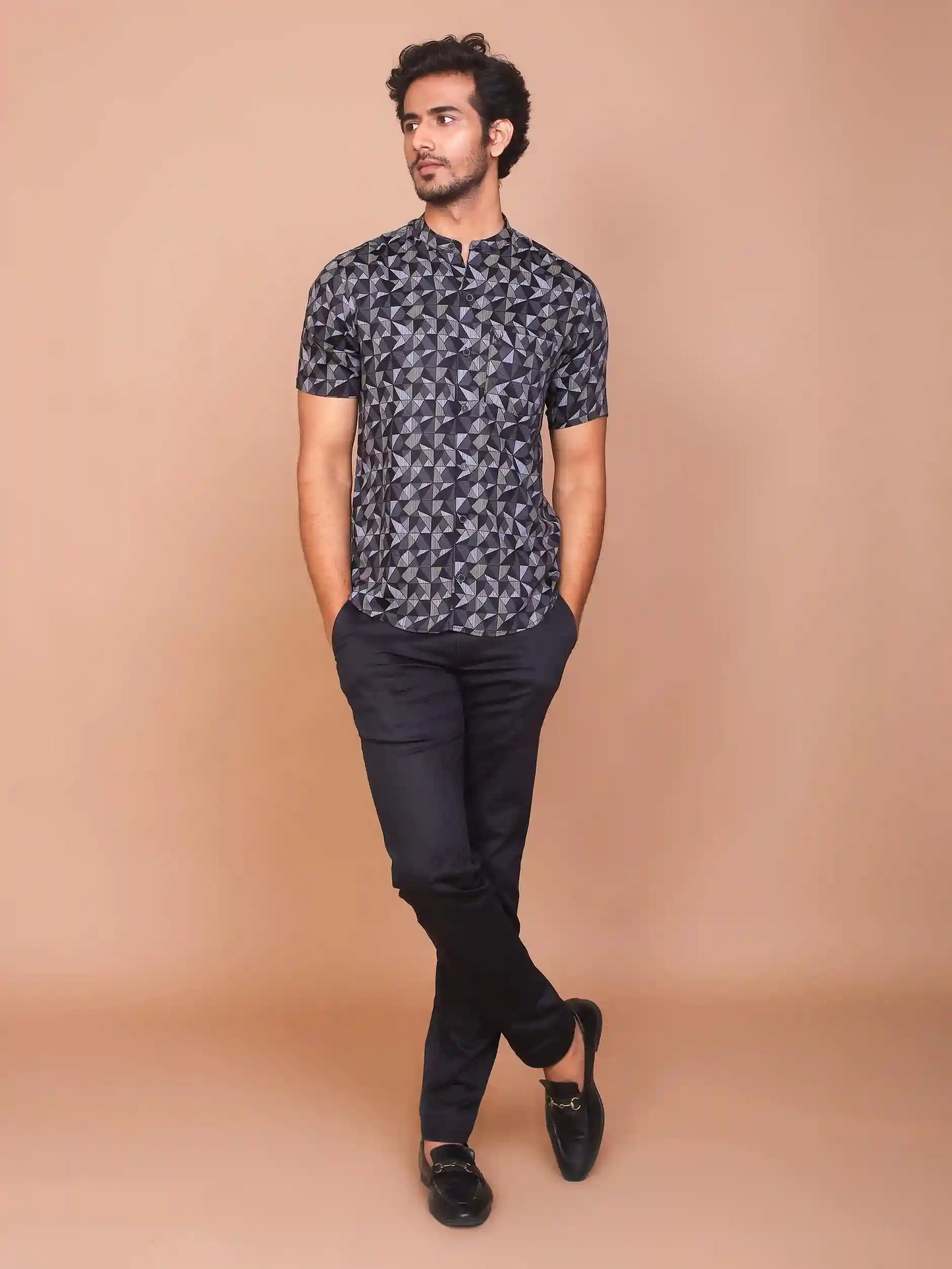 Buy-Ravinik-Men-Geomatric-Trigon-Band-Collar-Printed-Black-Cotton-Half-Sleeve-Shirt