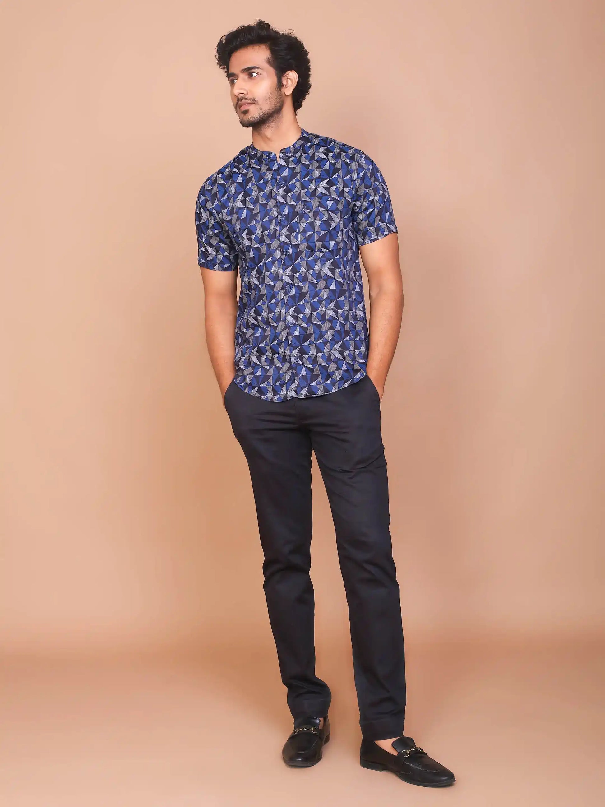 Buy-Ravinik-Men-Geomatric-Trigon-Printed-Band-Collar-Navy-Blue-half-sleeve-Cotton-Shirt