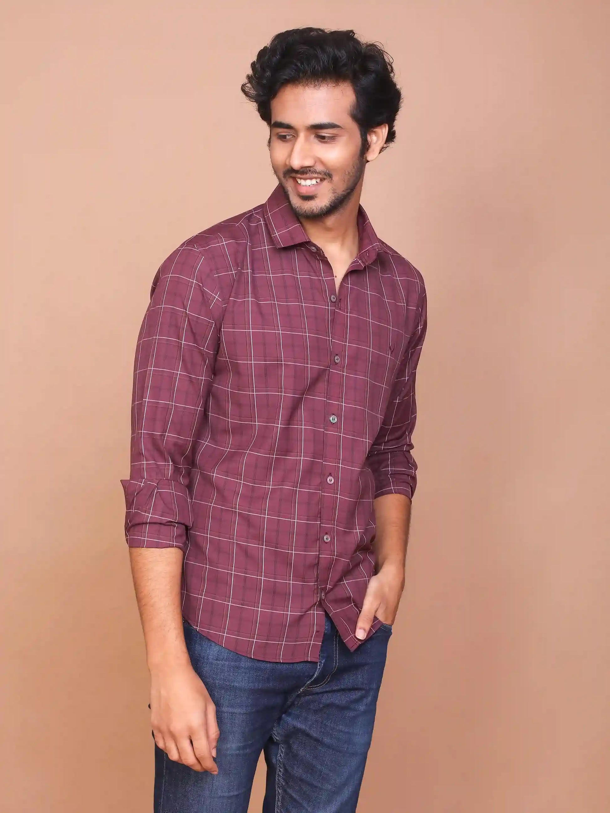 Buy-Ravinik-Men-Glen-Plaid-Checks-Maroon-Classic-Collar-Full-Sleeve-Cotton-Shirt