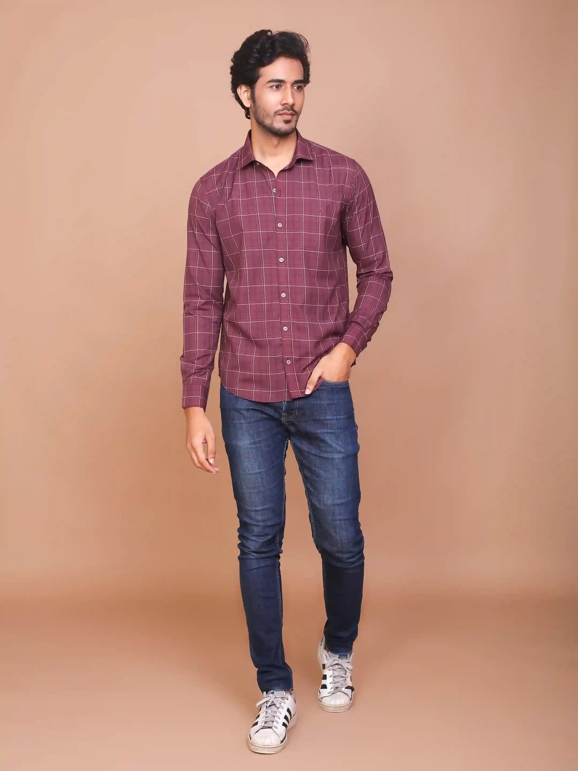 Buy-Ravinik-Men-Glen-Plaid-Checks-Maroon-Classic-Collar-Full-Sleeve-Cotton-Shirt