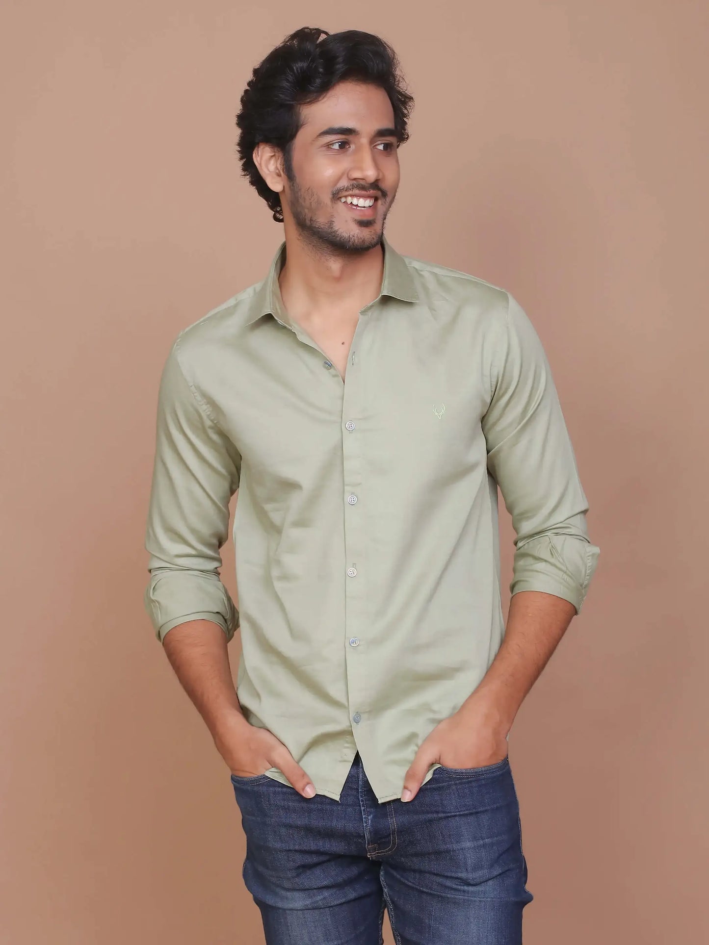 Buy-Ravinik-Men-Light-Olive-Green-Buff-Colored-Classic-Collar-Cotton-Shirt