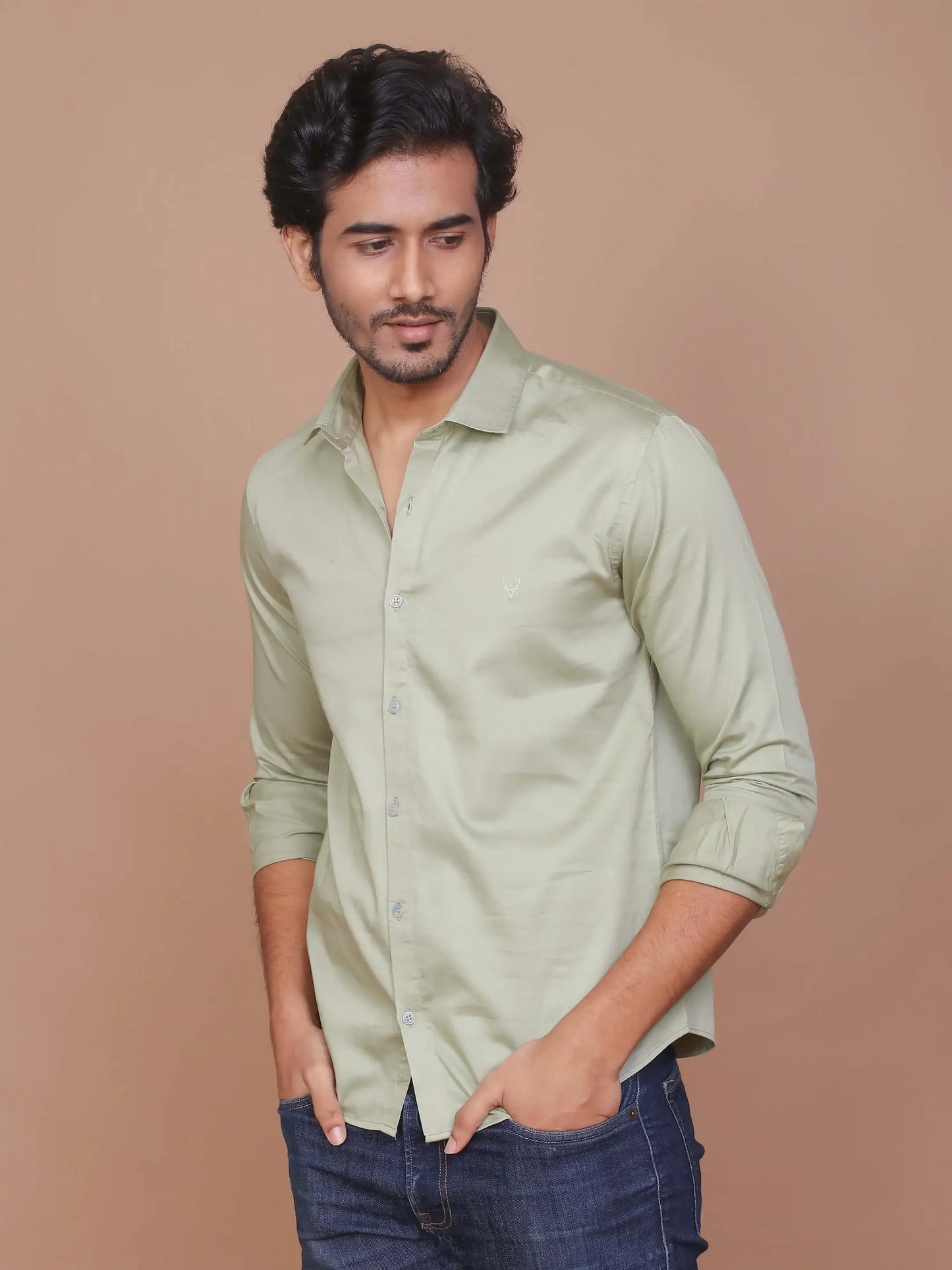 Buy-Ravinik-Men-Light-Olive-Green-Buff-Colored-Classic-Collar-Cotton-Shirt