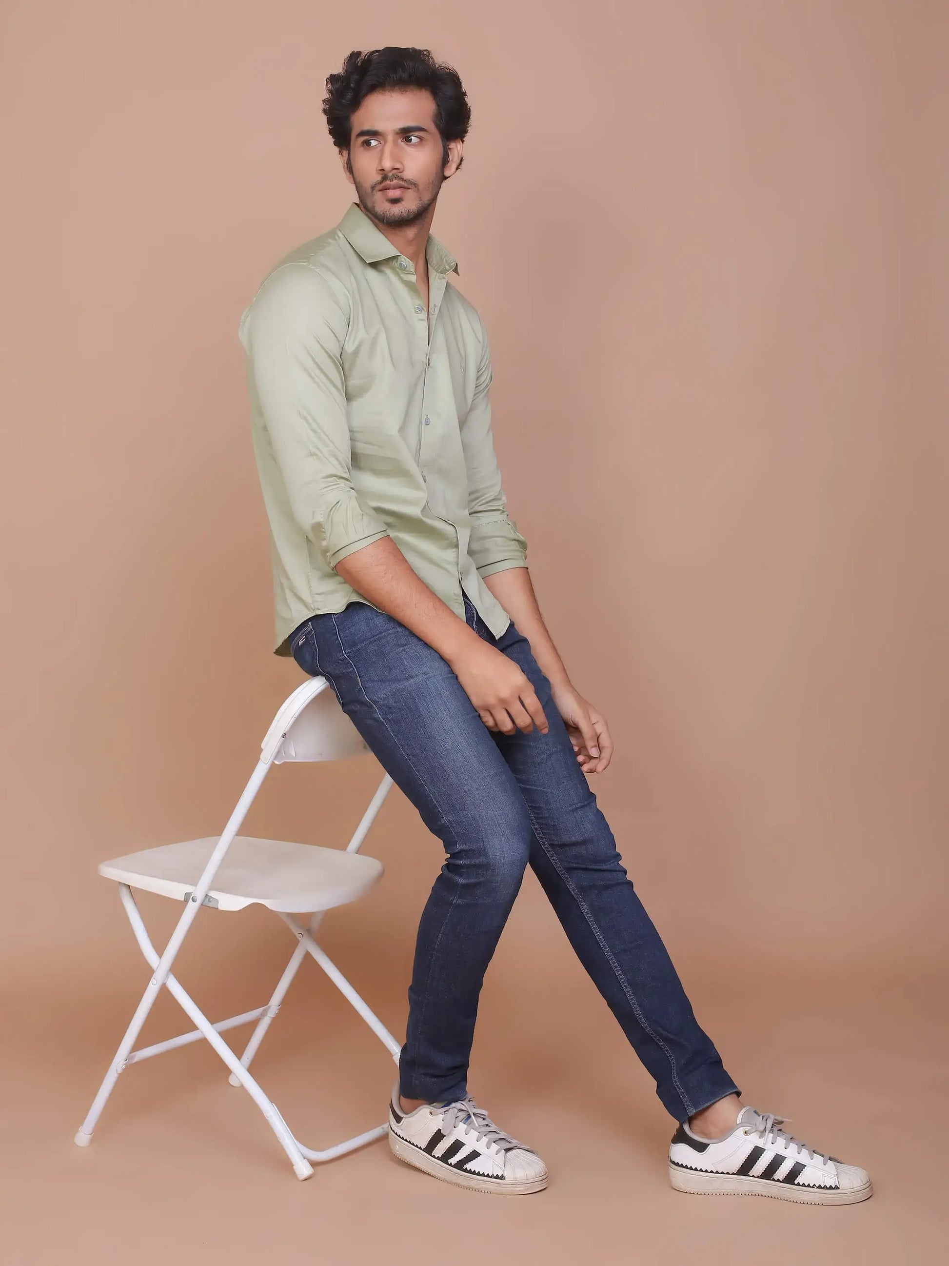 Buy-Ravinik-Men-Light-Olive-Green-Buff-Colored-Classic-Collar-Cotton-Shirt