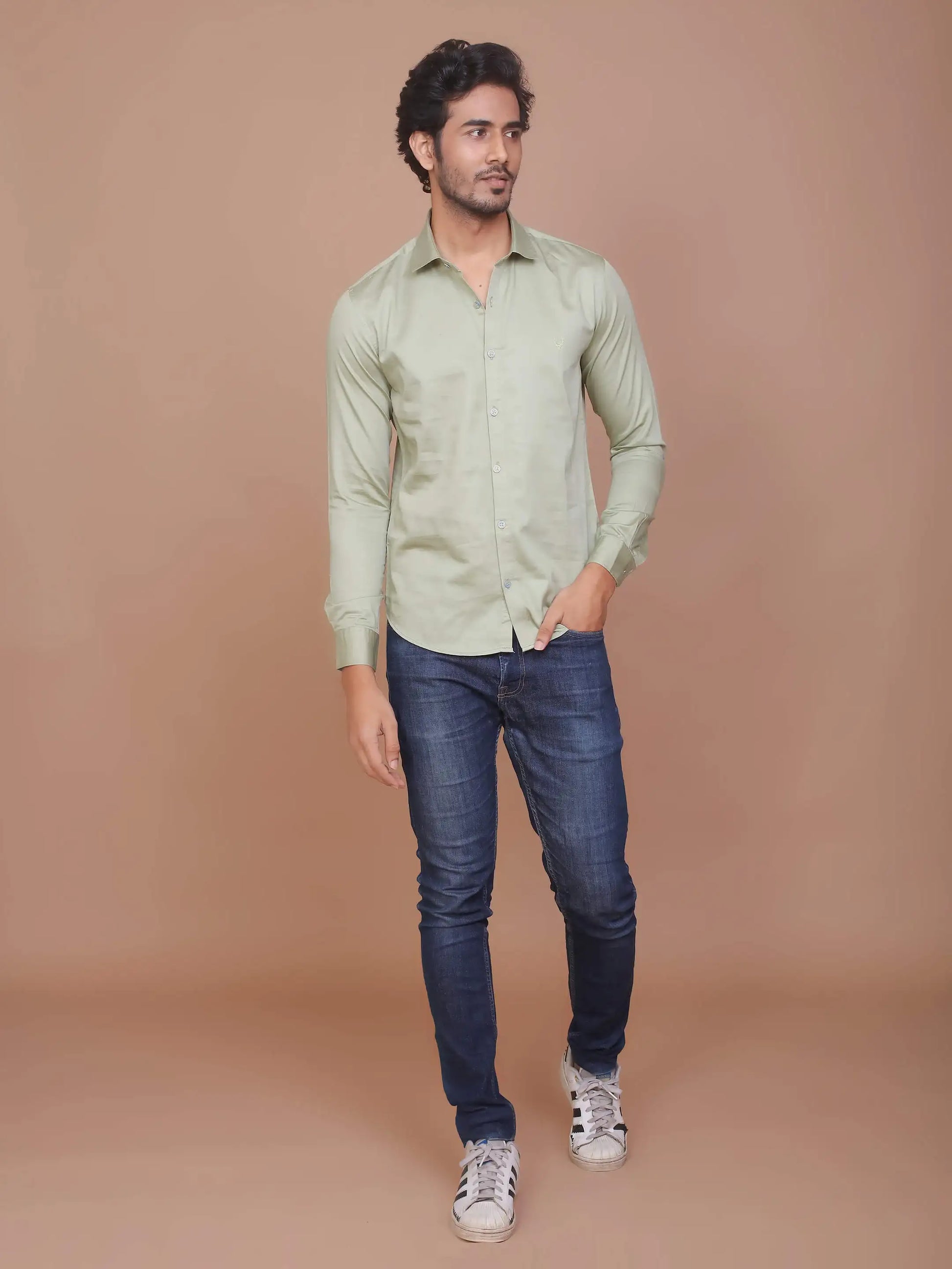 Buy-Ravinik-Men-Light-Olive-Green-Buff-Colored-Classic-Collar-Cotton-Shirt