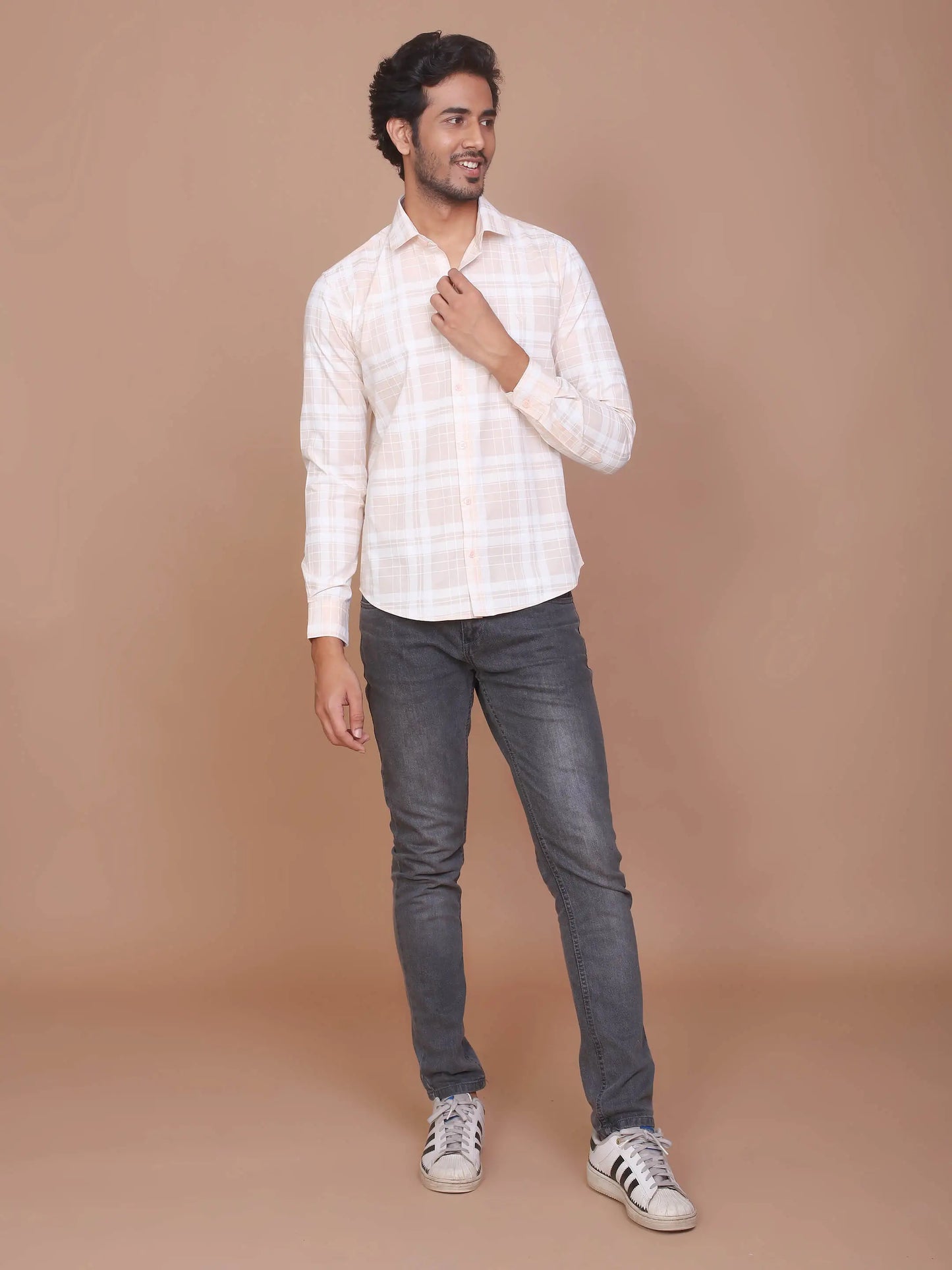 Buy-Ravinik-Men-Tartan-Checkered-Peach-Classic-Collar-Cotton-Shirt