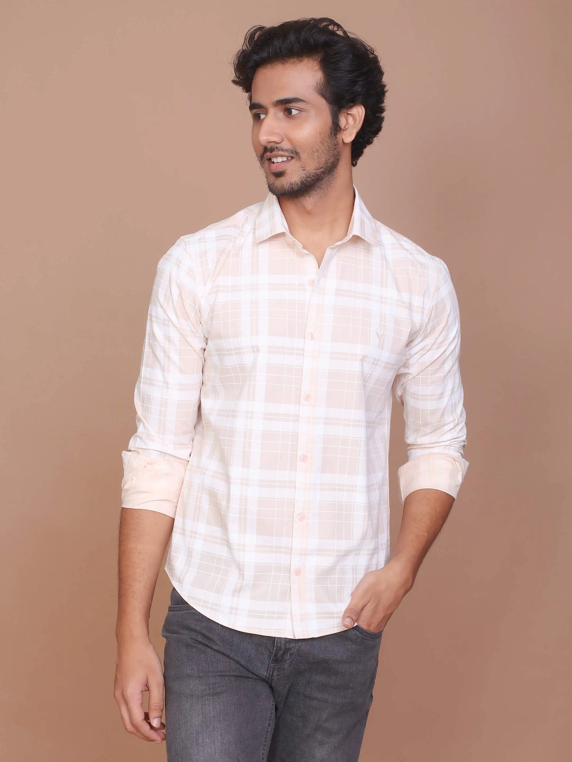 Buy-Ravinik-Men-Tartan-Checkered-Peach-Classic-Collar-Cotton-Shirt