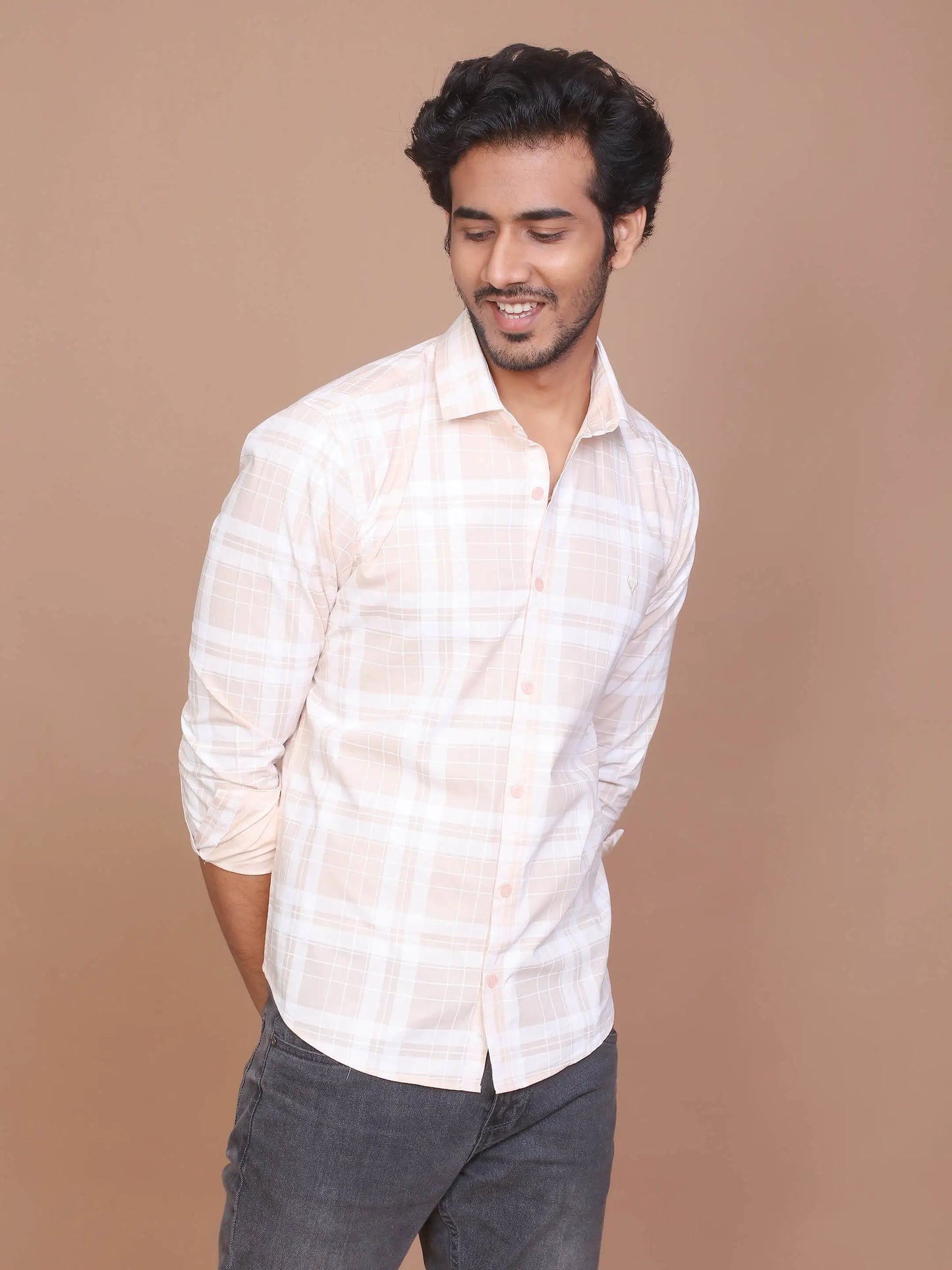 Buy-Ravinik-Men-Tartan-Checkered-Peach-Classic-Collar-Cotton-Shirt