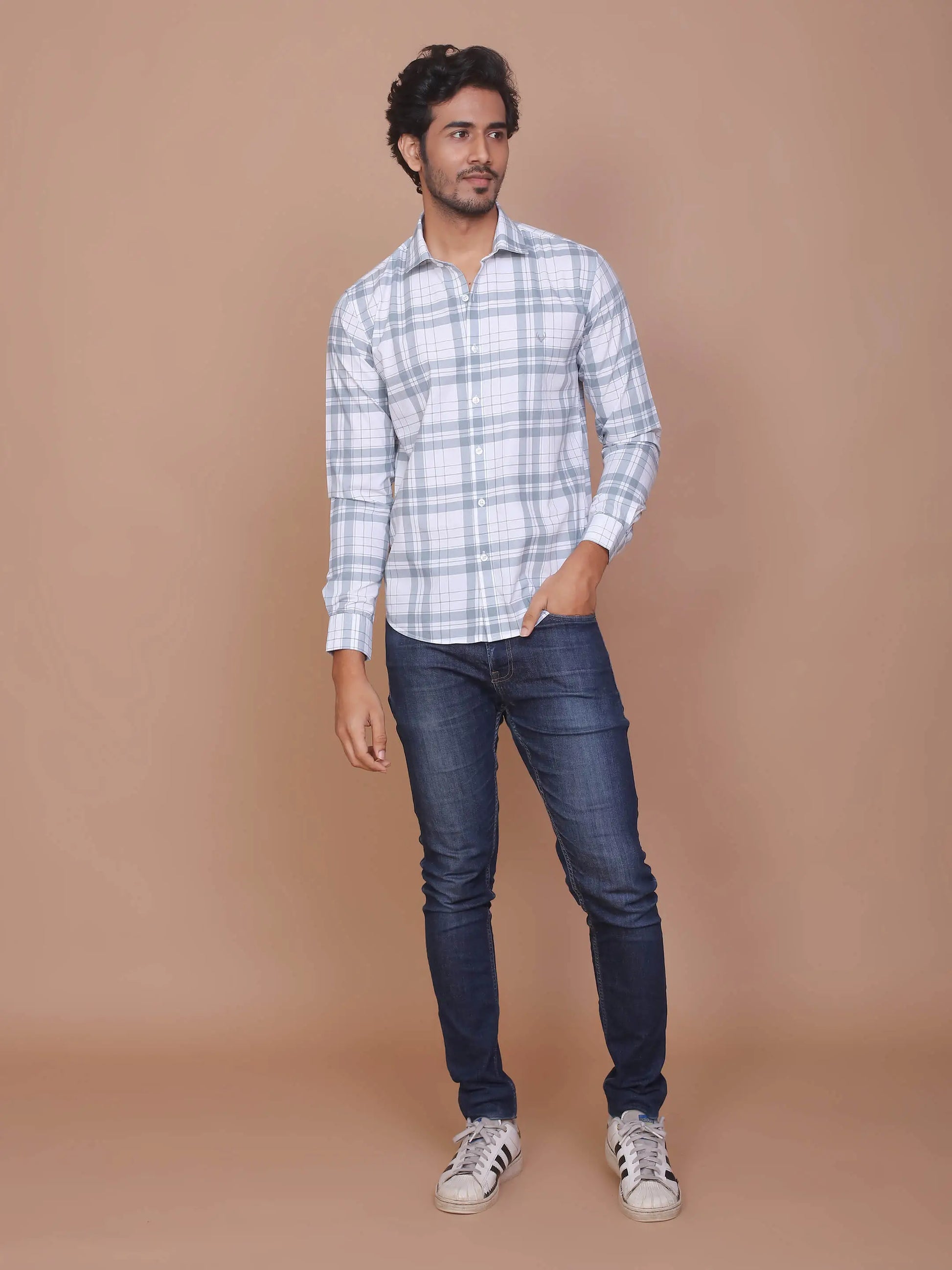 Ravinik-Men-Tartan-Checkered-White-Classic-Collar-Cotton-Shirt