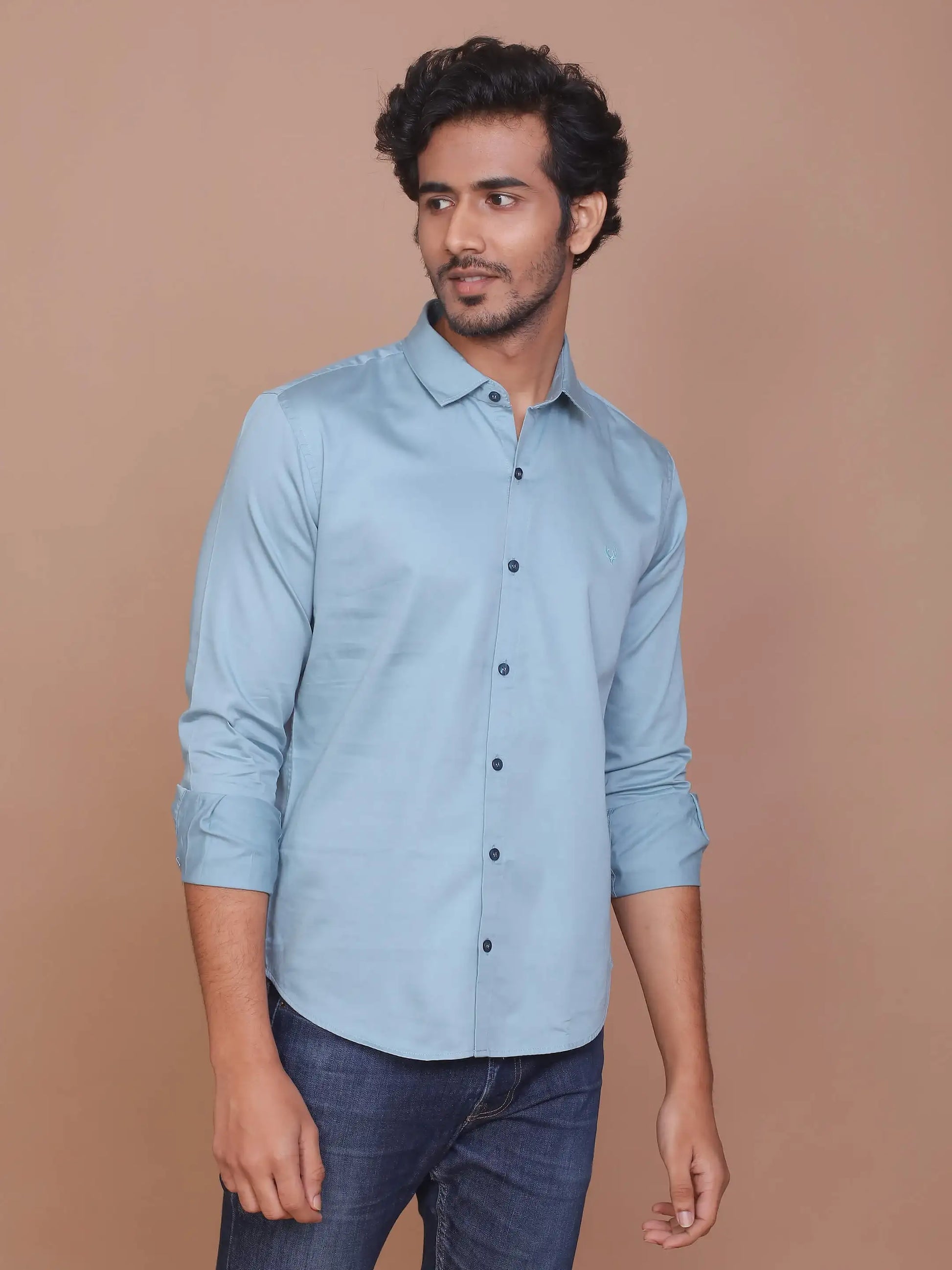 Buy-Ravinik-Men-Teal-Blue-Buff-Colored-Classic-Collar-Cotton-Shirt