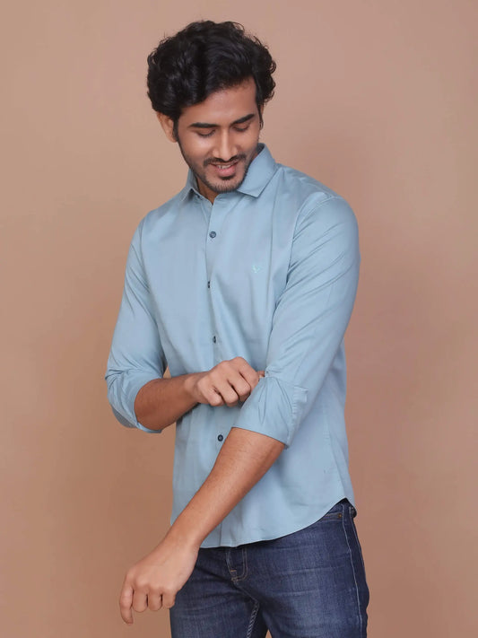 Buy-Ravinik-Men-Teal-Blue-Buff-Colored-Classic-Collar-Cotton-Shirt