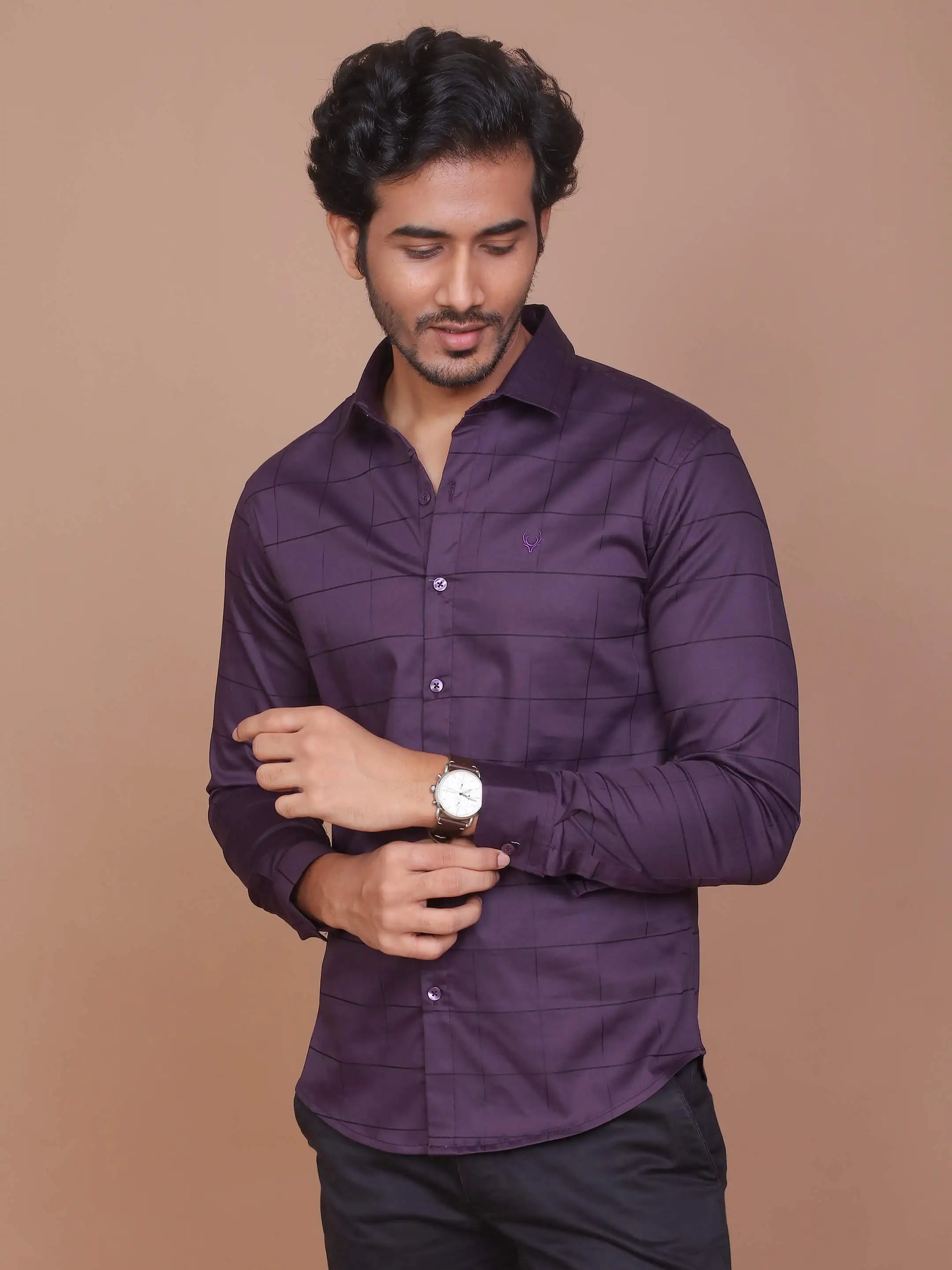 Buy-Ravinik-Men-Windowpane-Lycra-Classic-Collar-Purple-Full-Sleeve-Checks-Cotton-Shirt