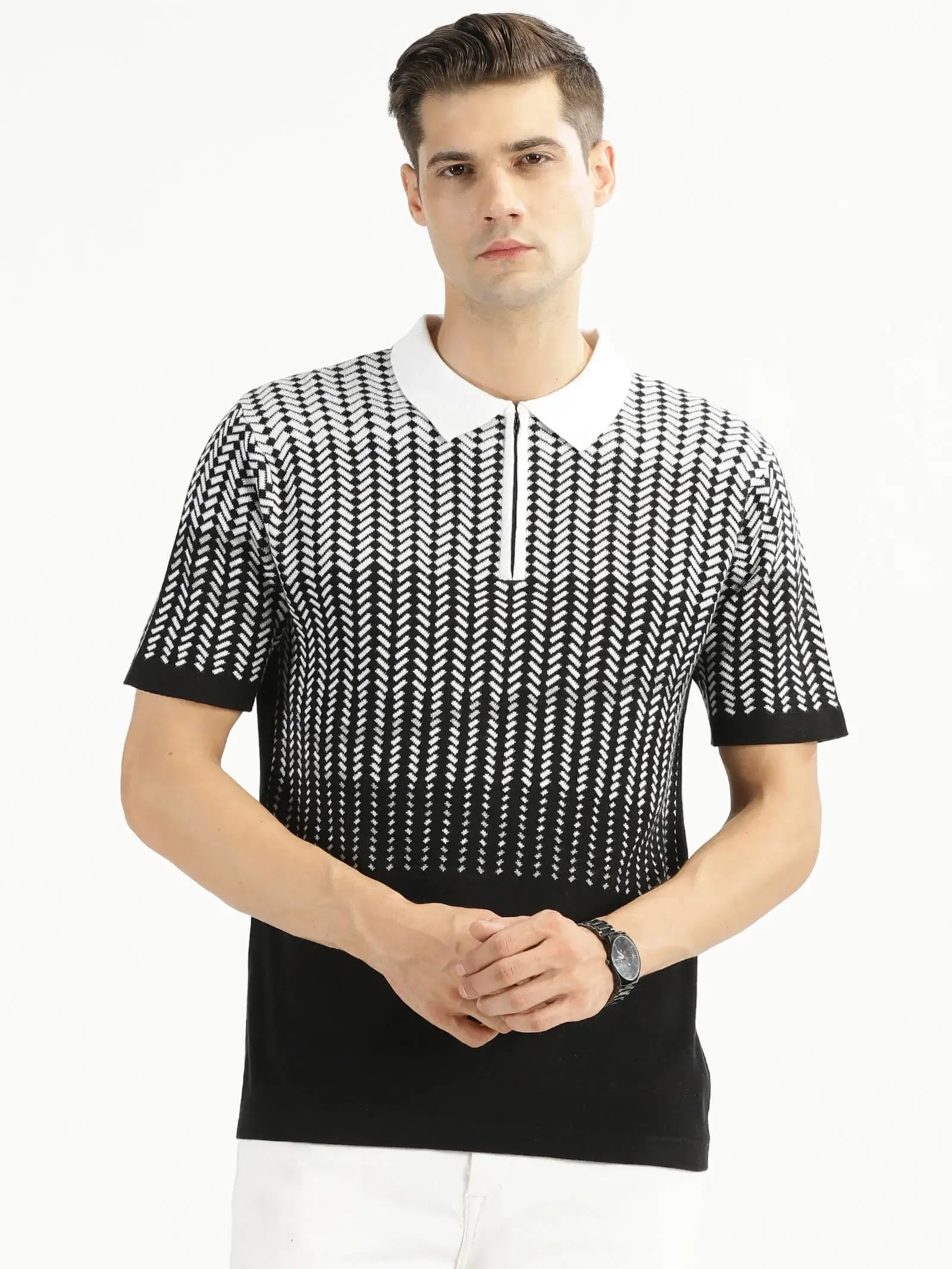 Buy-Ravinik-men-Color-Ramp-Knitted-Classic-Collar-Half-Sleeve-Black-White-Cotton-Sweatshirt