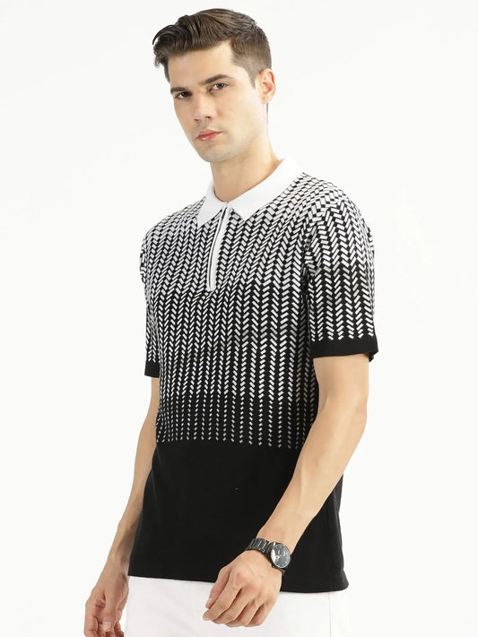 Buy-Ravinik-men-Color-Ramp-Knitted-Classic-Collar-Half-Sleeve-Black-White-Cotton-Sweatshirt