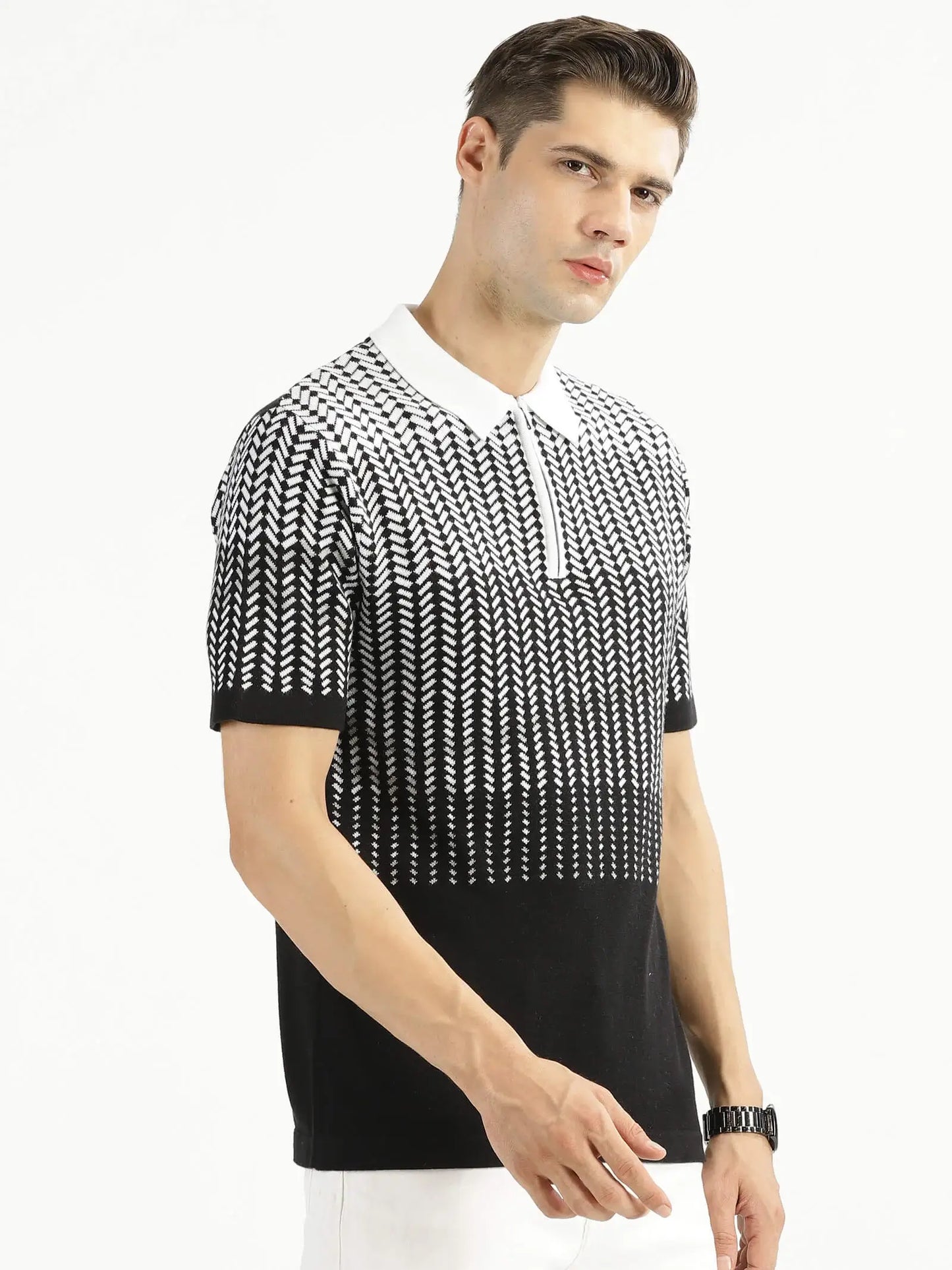 Buy-Ravinik-men-Color-Ramp-Knitted-Classic-Collar-Half-Sleeve-Black-White-Cotton-Sweatshirt