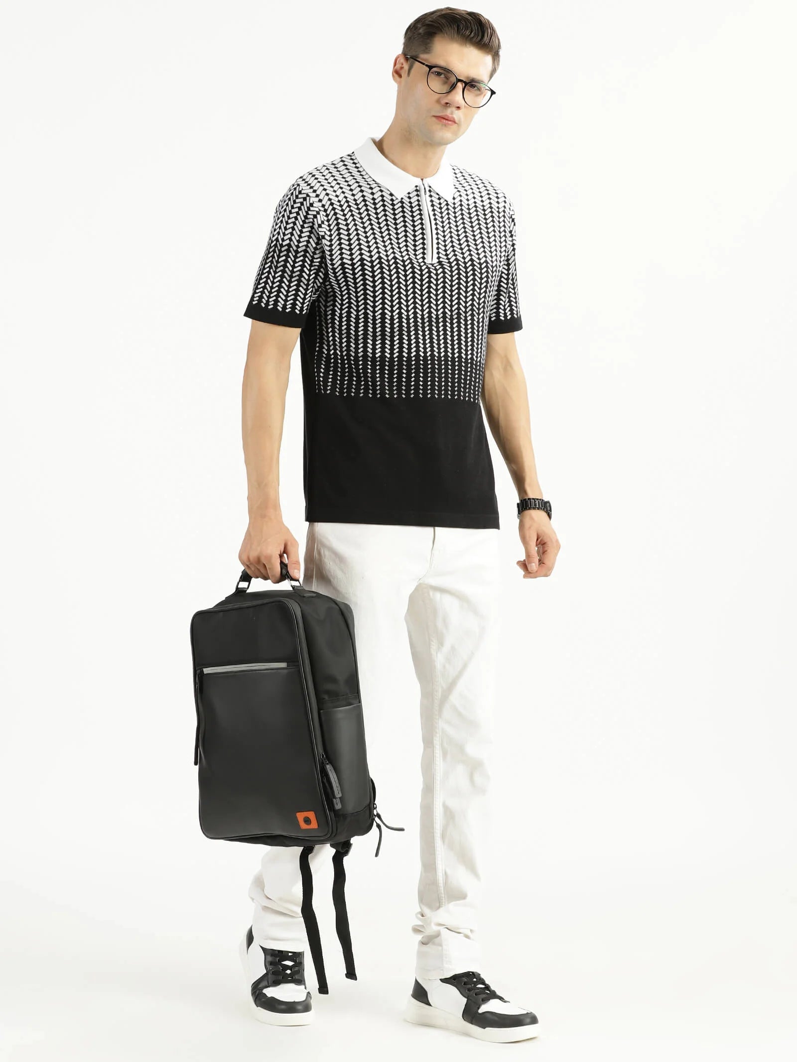 Buy-Ravinik-men-Color-Ramp-Knitted-Classic-Collar-Half-Sleeve-Black-White-Cotton-Sweatshirt