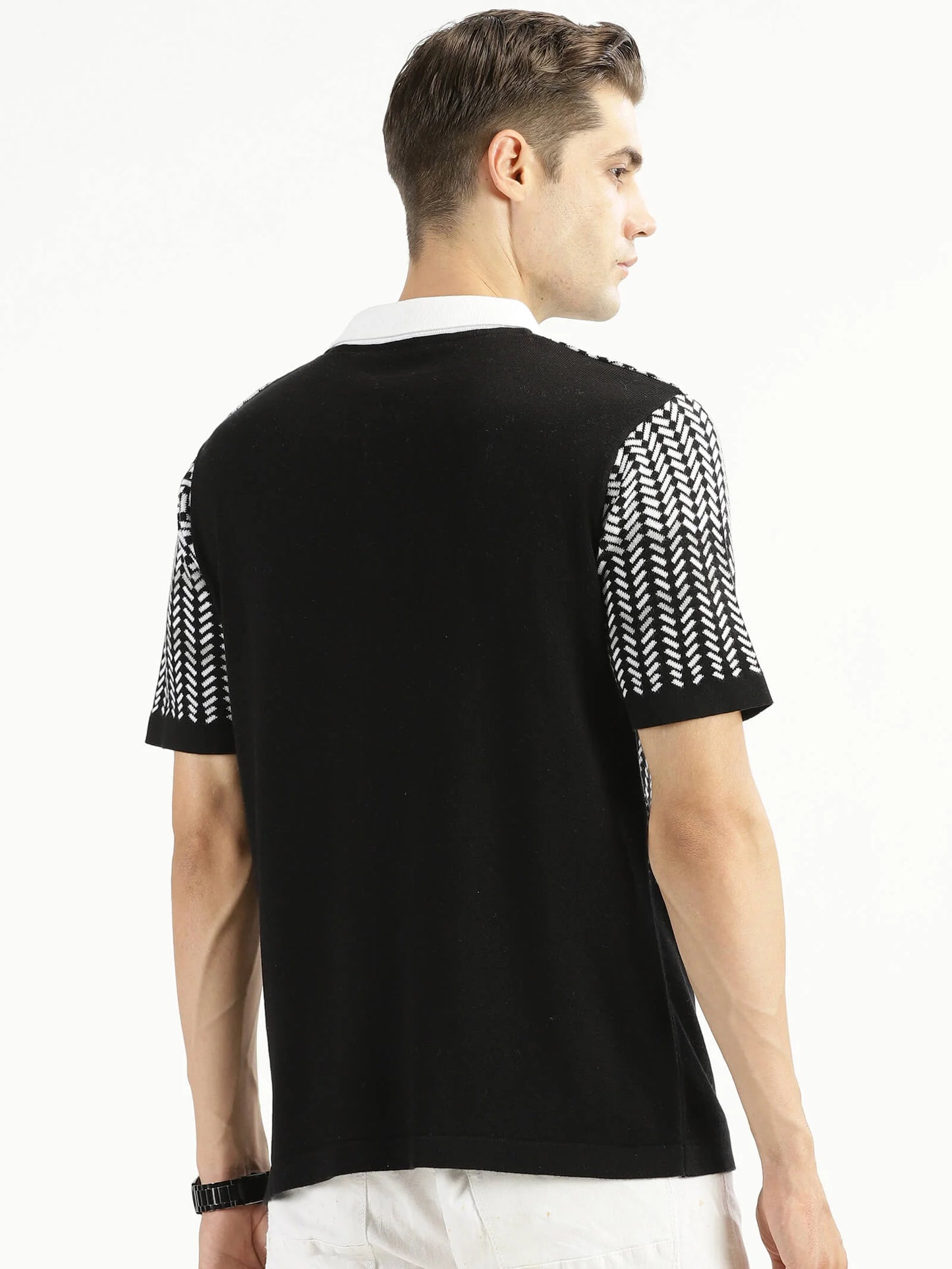 Buy-Ravinik-men-Color-Ramp-Knitted-Classic-Collar-Half-Sleeve-Black-White-Cotton-Sweatshirt