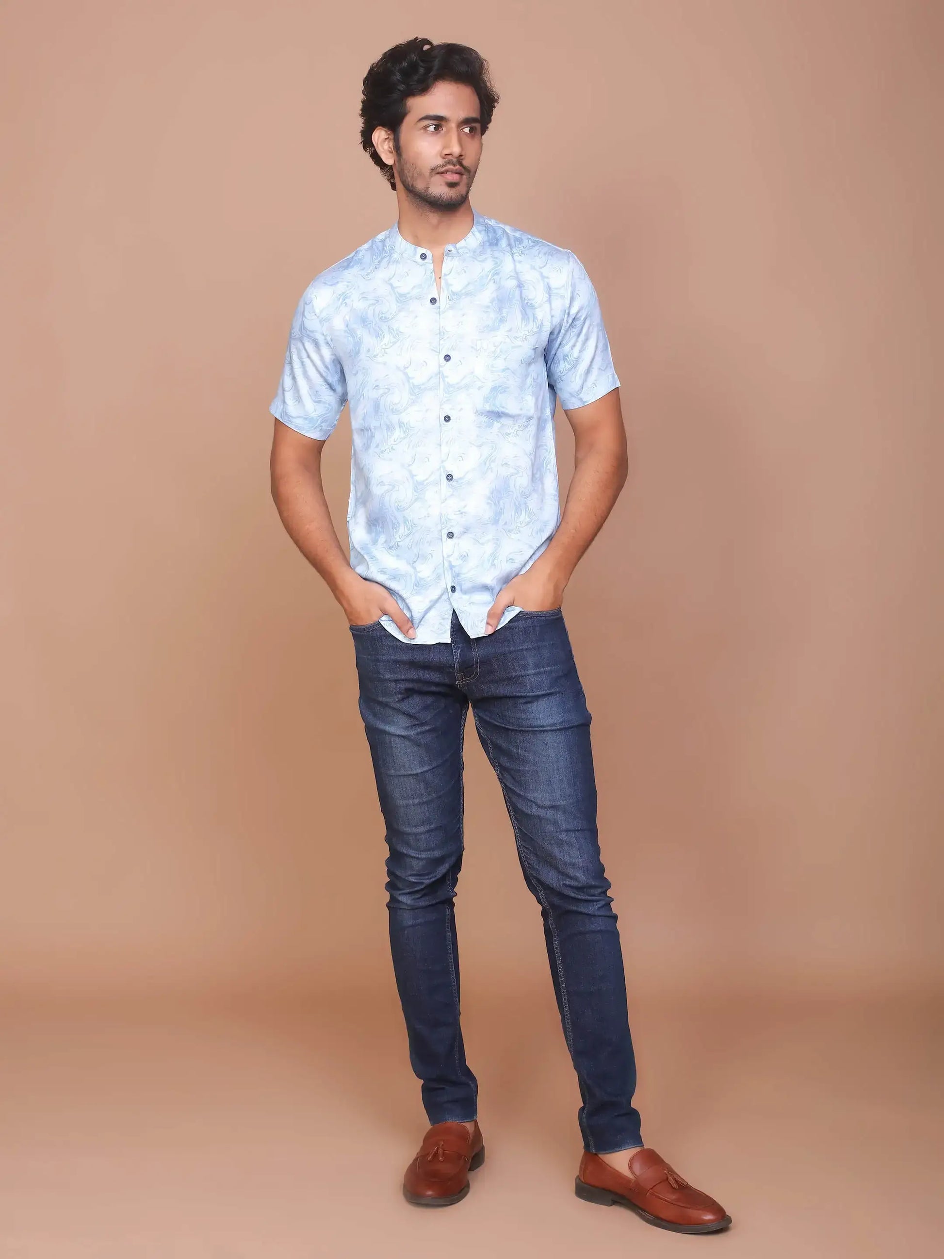 Buy-Ravink-Men-Denim-Feel-Band-Collar-Printed-Cotton-Light-Blue-Shirt