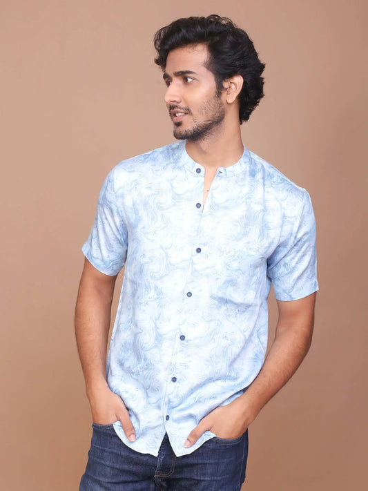 Buy-Ravink-Men-Denim-Feel-Band-Collar-Printed-Cotton-Light-Blue-Shirt