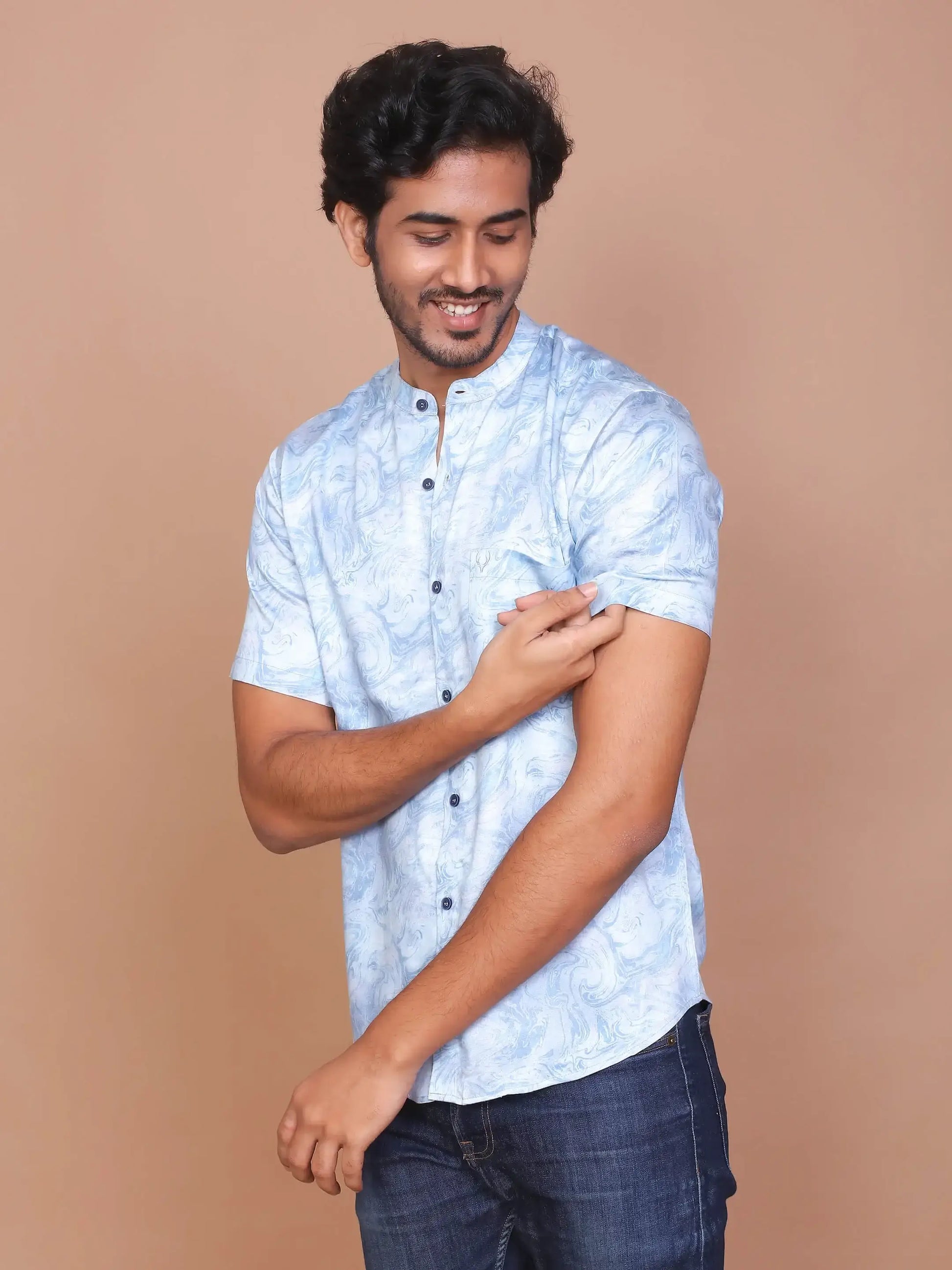 Buy-Ravink-Men-Denim-Feel-Band-Collar-Printed-Cotton-Light-Blue-Shirt