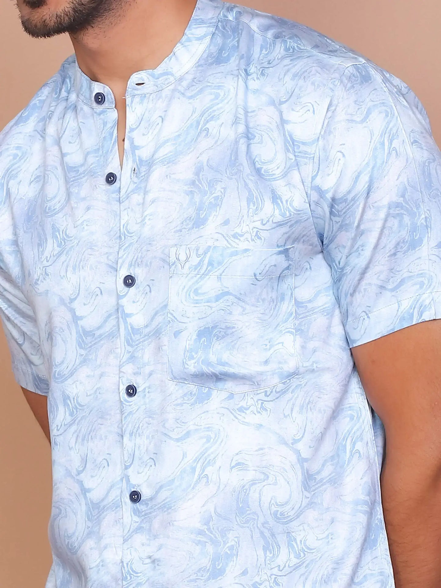 Buy-Ravink-Men-Denim-Feel-Band-Collar-Printed-Cotton-Light-Blue-Shirt