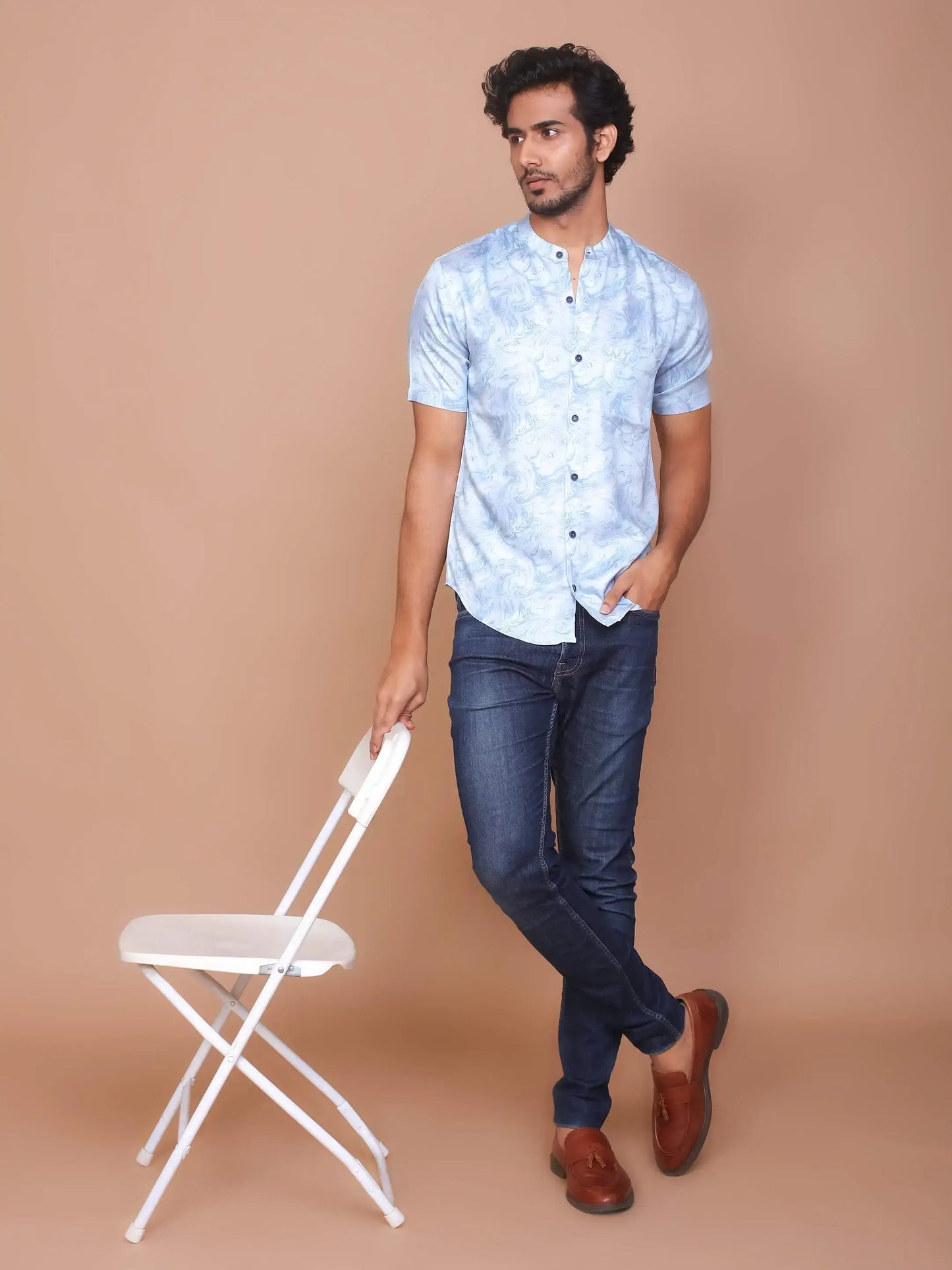 Buy-Ravink-Men-Denim-Feel-Band-Collar-Printed-Cotton-Light-Blue-Shirt