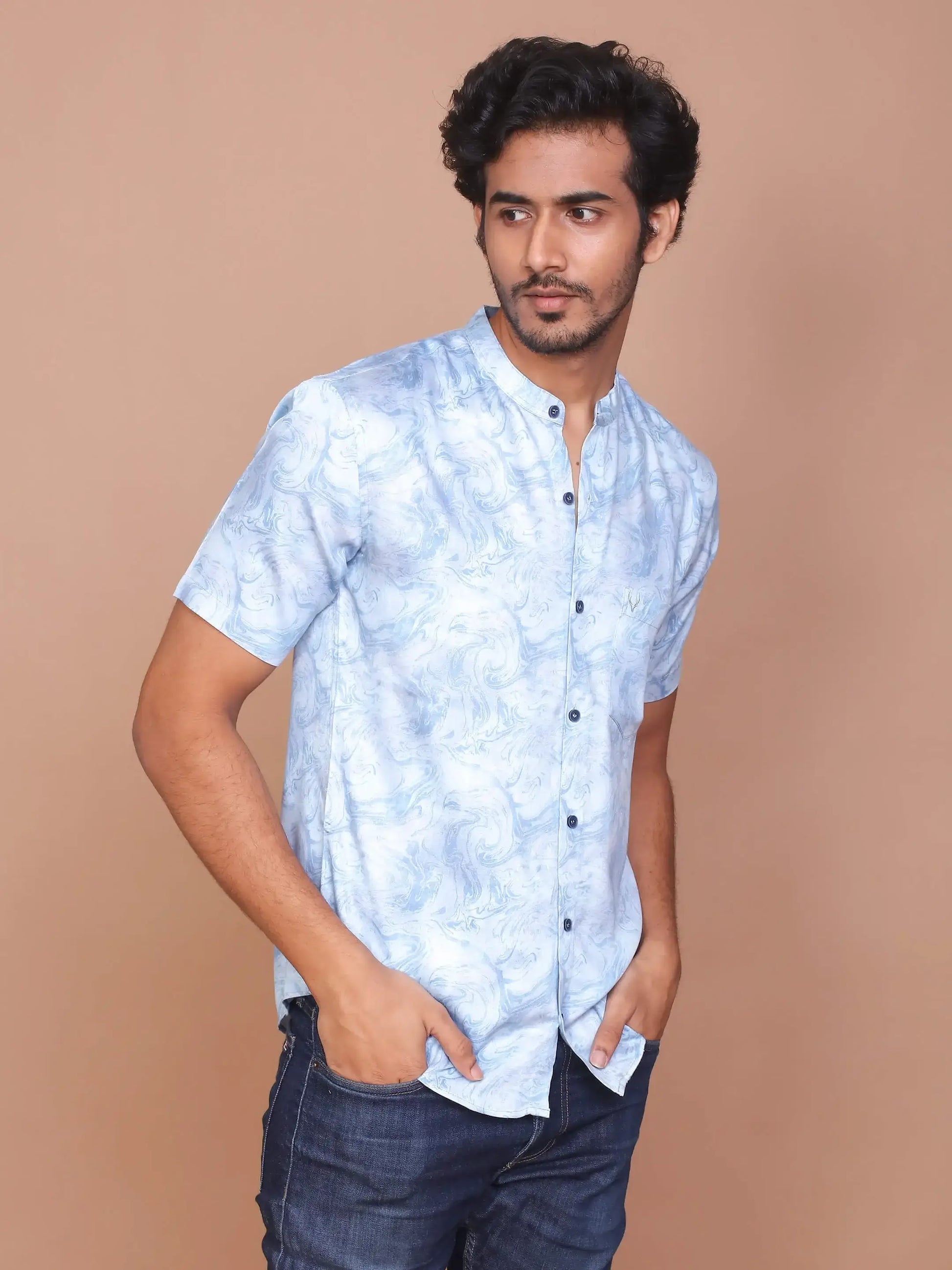 Buy-Ravink-Men-Denim-Feel-Band-Collar-Printed-Cotton-Light-Blue-Shirt